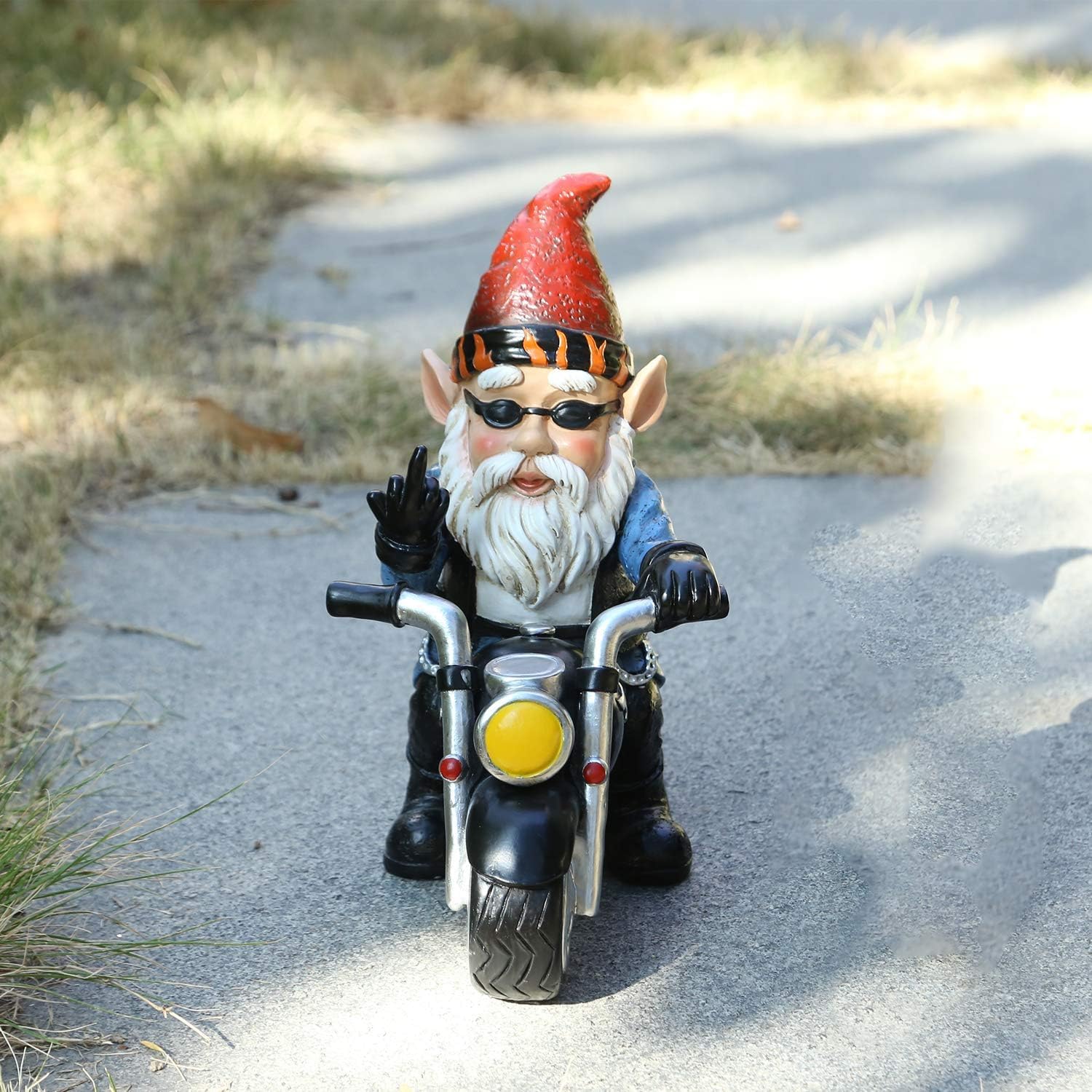 Voarge krasnal ogrodowy na motocyklu, dekoracja ogrodu, figurki ogrodowe do dekoracji, na trawnik, podwórko, balkon, werandę, taras, do domu, dekoracja ogrodu