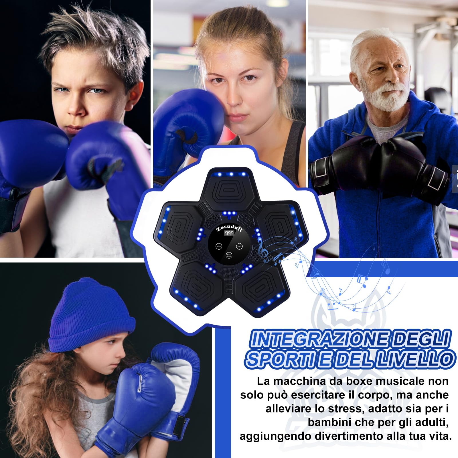 Macchina da Boxe Musicale, Smart Music Boxing Machine con Luce LED, Dispositivo di Boxe Bluetooth Boxe Musicale per Bambini/Adulti, Obiettivo da Boxe Montato a Parete con Guanti da Boxe