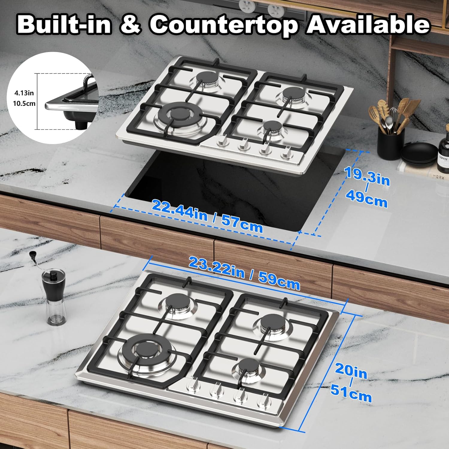 24 Inch Built in Gas Cooktop, 4 Burners Stainless Steel Gas Stove Top with NG/LPG Conversion Kit, Propane Cooktop with Thermocouple Protection for Kitchen,110V,Plug in