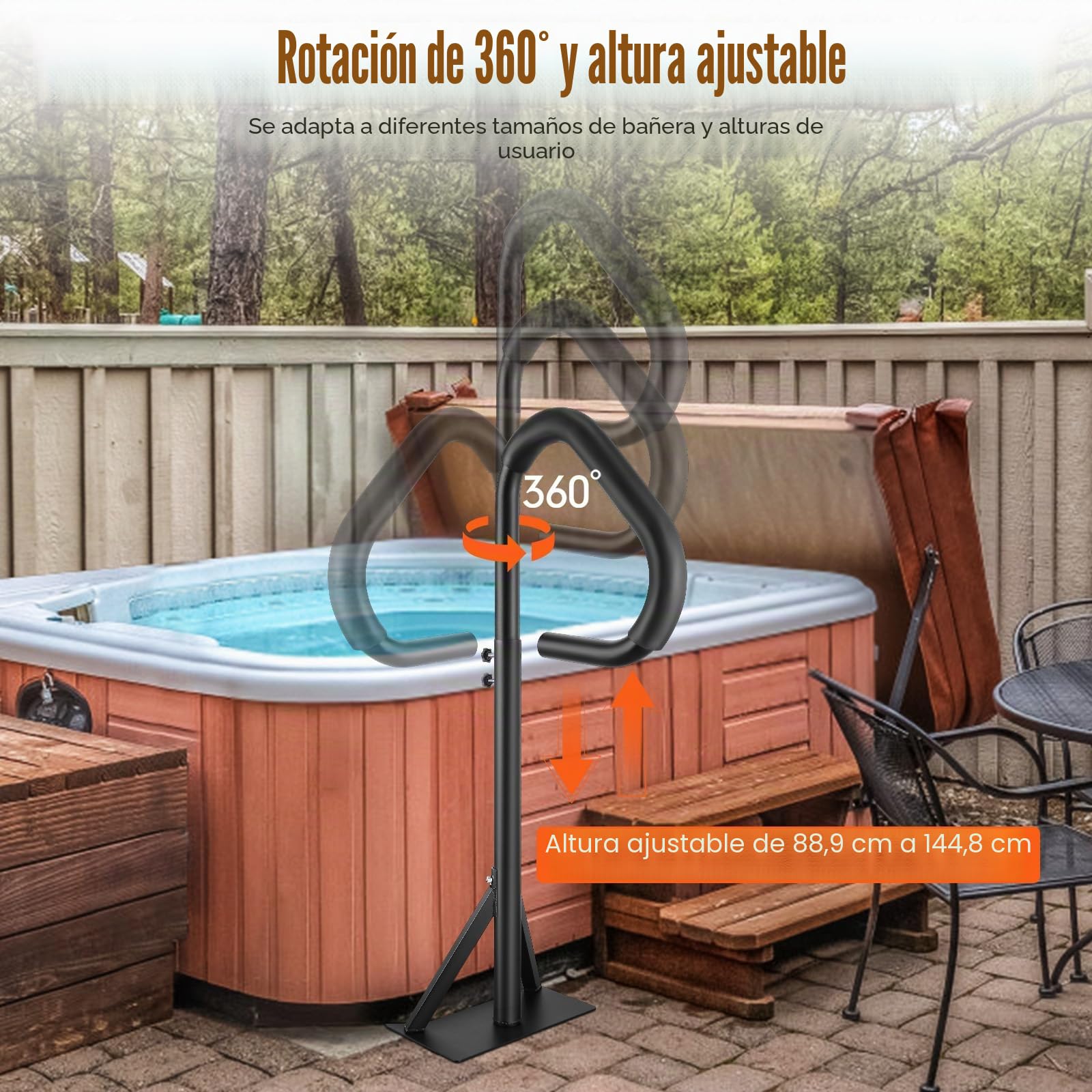 VEVOR Pasamanos Lateral para Spa 54,2x37x144,7 cm Pasamanos de Jacuzzi Giratorio de 360​​​​° Altura Ajustable 89-144,7 cm Carga 272 kg Base de Montaje Deslizante de Aluminio Antioxidante para Bañera