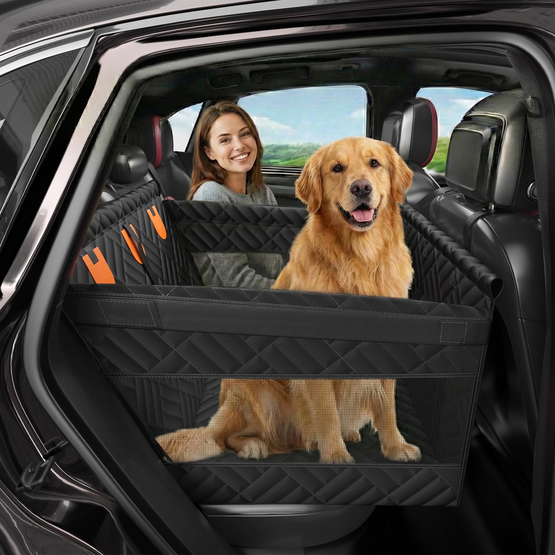 PawVoyage Hunde Autositz Rückbank für Mittlere und Kleine Hunde — Extra Stabiler, Passagierfreundlicher & Wasserdicht Faltbar Autositzbezu,Mittel & Große Hunde bis 40kg,L,101Schwarz