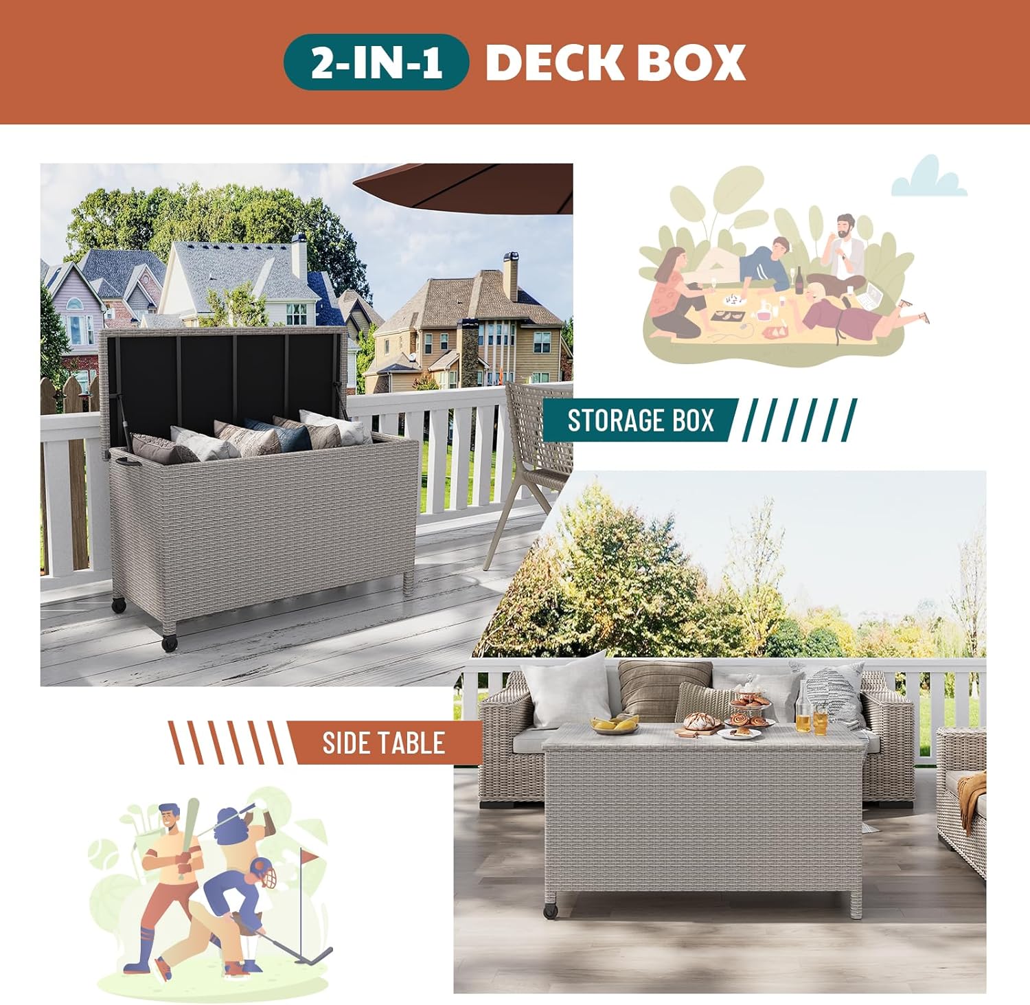 120 Gallon Rattan Deck Box, Outdoor Storage Box With Wheels and Handle, Waterproof Large Storage Bench Organizer for Patio Backyard Cushions, Pool Supplies and Garden Tools, Grey