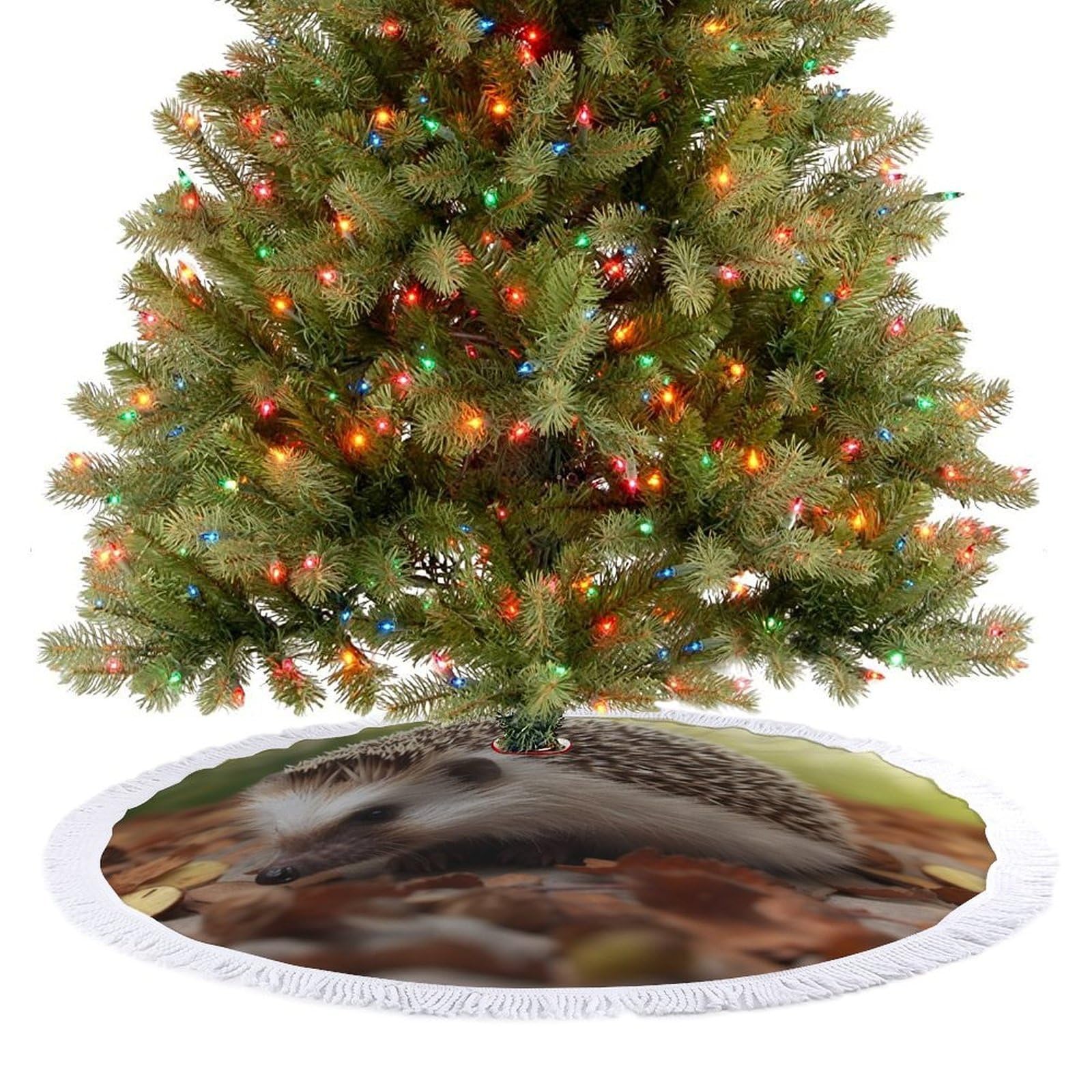 Hedgehog Christmas Tree Skirt 48"x48" Rustic Xmas Tree Mat with Tassel Ornament Christmas Trees Cover Skirt Mat for Evergreen Trees Ornament Winter Holiday Mats Decorations