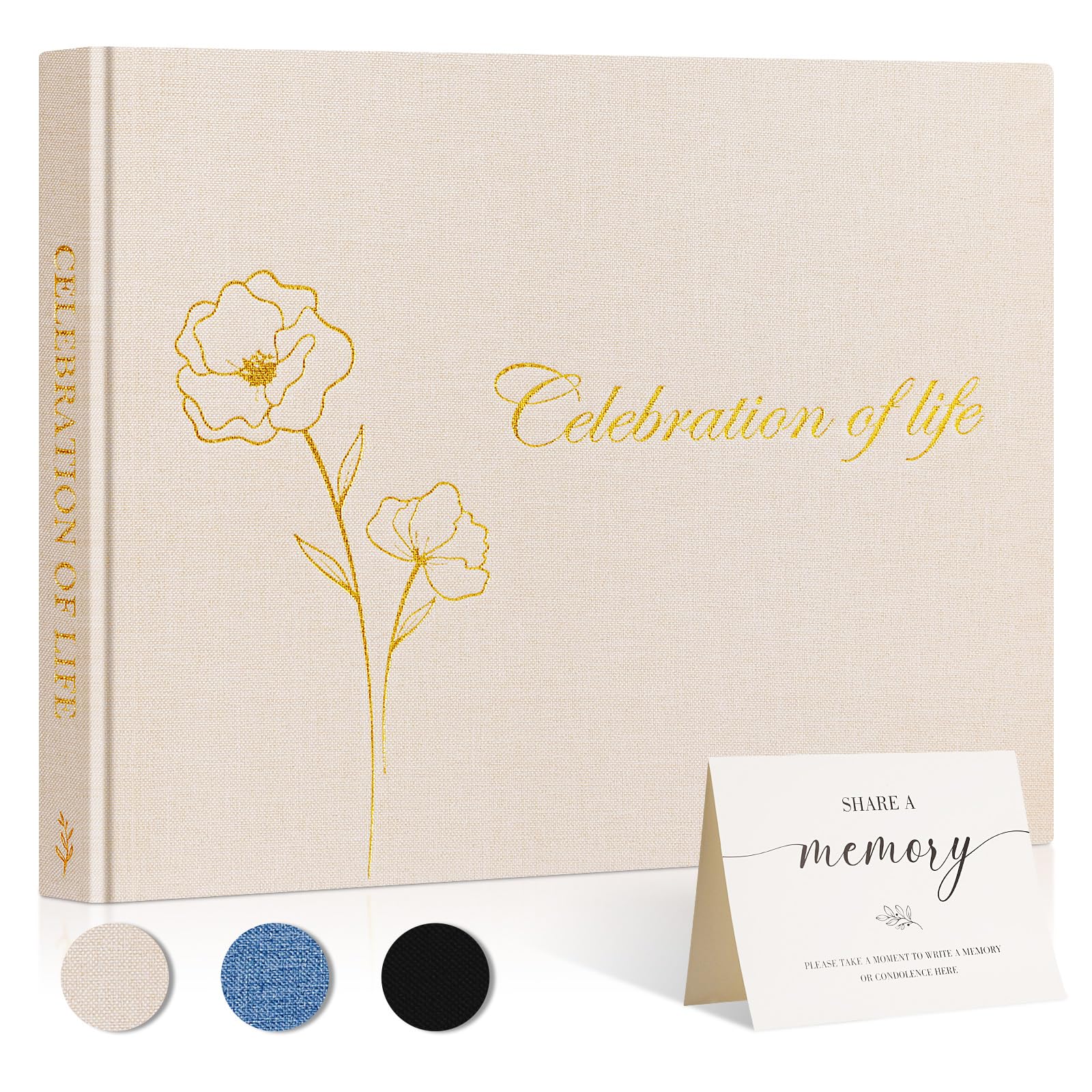 Lanpn Funeral Guest Book for Celebration of Life, Linen Memorial Service Registry Guest Book, Funeral Favors Sign in Books for Guests, Memory Book for Funeral with Memory Table Sign, Beige