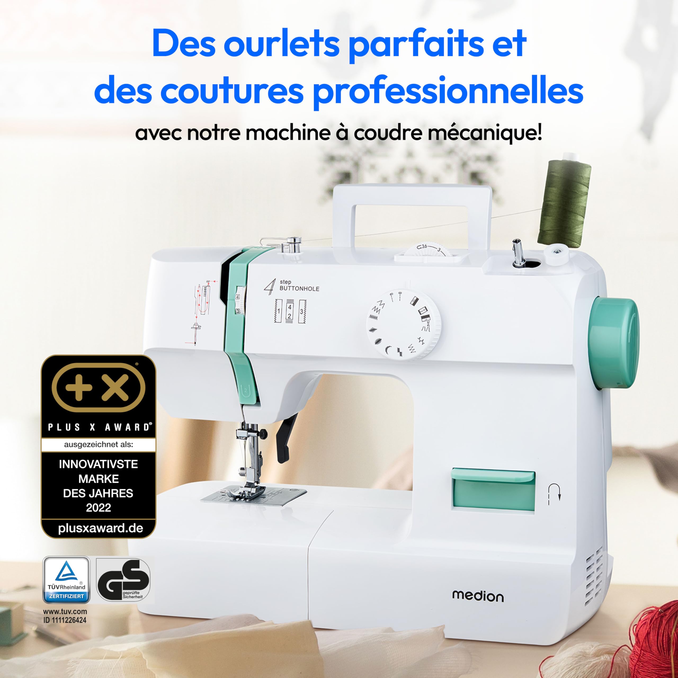 MEDION Machine à coudre SM70 (70 watts, 12 modèles de points différents, lumière de couture LED, longueur de point réglable, bouton d'inversion, coupe-fil, MD11179) turquoise