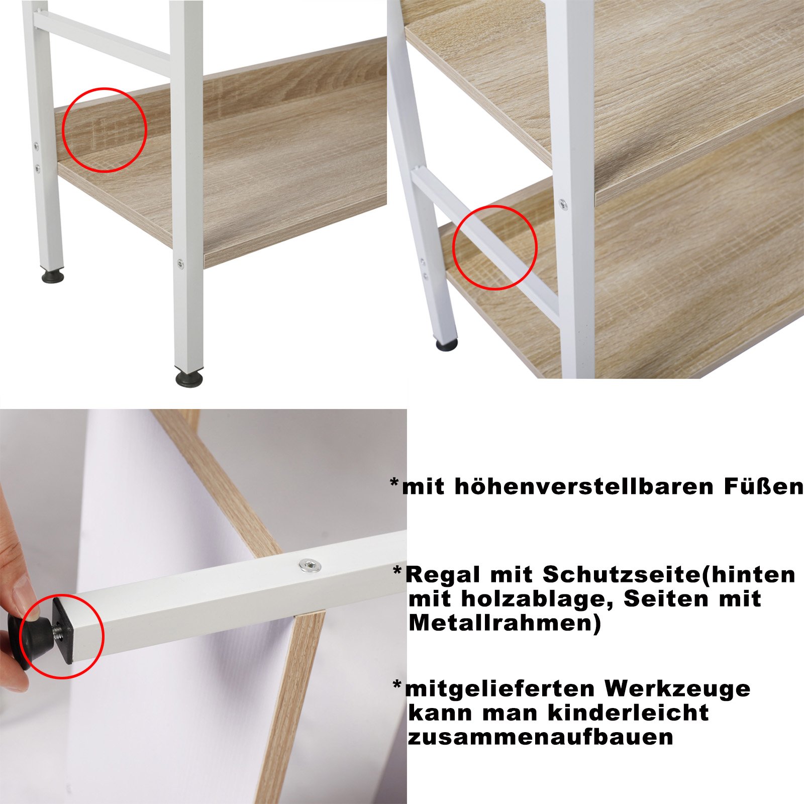 WOLTU Standregal mit 4 Ablagen Bücherregal Küchenregal Badregal aus Holz und Metal, Regale für den Abstellraum 60 x 27,5 x 126 cm Weiß + Hell Eiche RGB9304hei