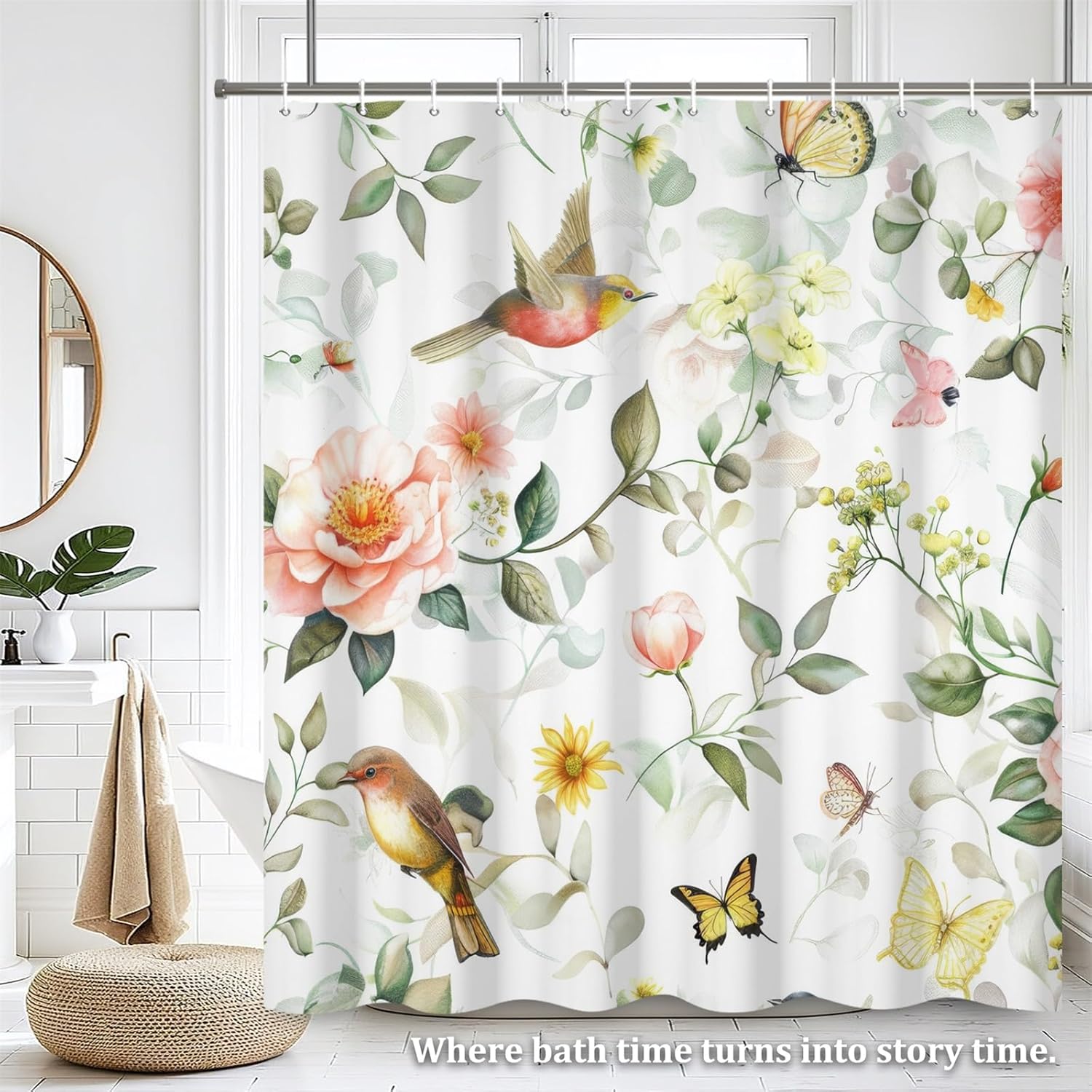 Renaiss 72 x 78 Inch Spring Hummingbird Shower Curtain for Bathroom Floral Bird Shower Curtains Flower Butterfly Shower Curtain Home Bathtub Decor with 12 Hooks Washable Durable Polyester Fabric