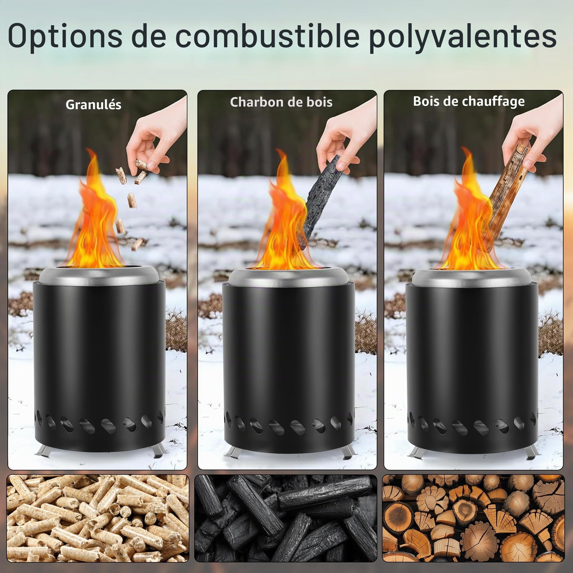 Cheminée portable en acier inoxydable pour le camping, fonctionne avec des granulés ou du bois, avec sac de transport, couleur noire
