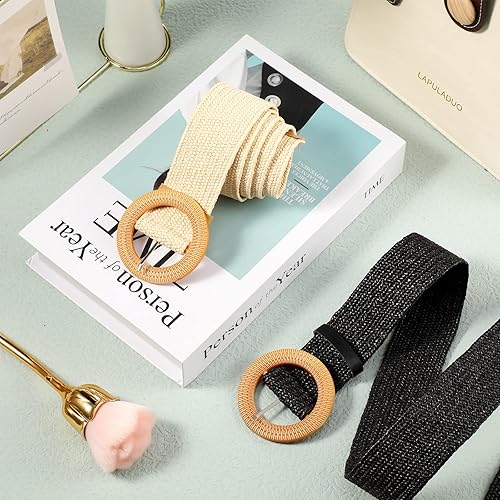 Miniatura 5 de SATINIOR Cinturón elástico tejido de paja para mujer, 2 piezas, cintura elástica, vestido delgado, cinturón trenzado con hebilla de estilo de madera