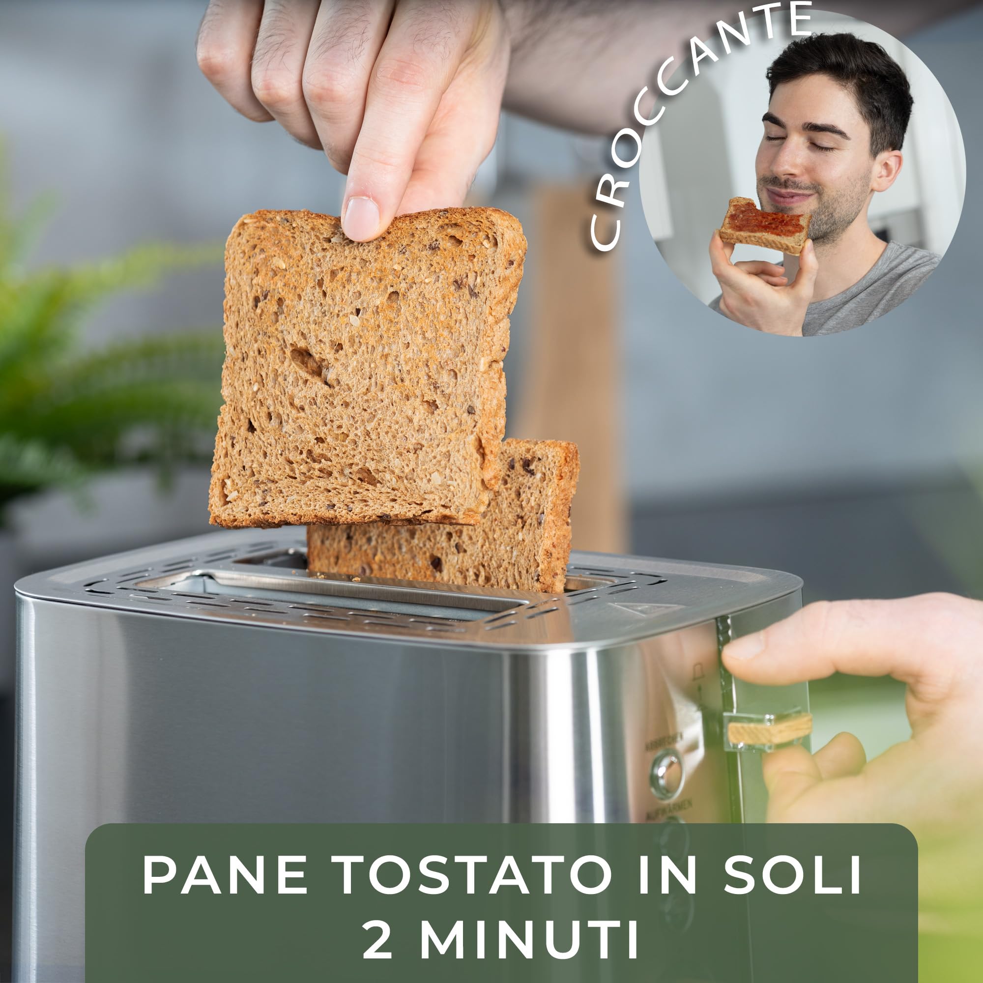 WALDWERK Tostapane di Design – in acciaio inox 304 e legno di quercia – per 2 fette – con supporto per panini – con camere di tostatura extra larghe e profonde – con cassetto raccogli-briciole