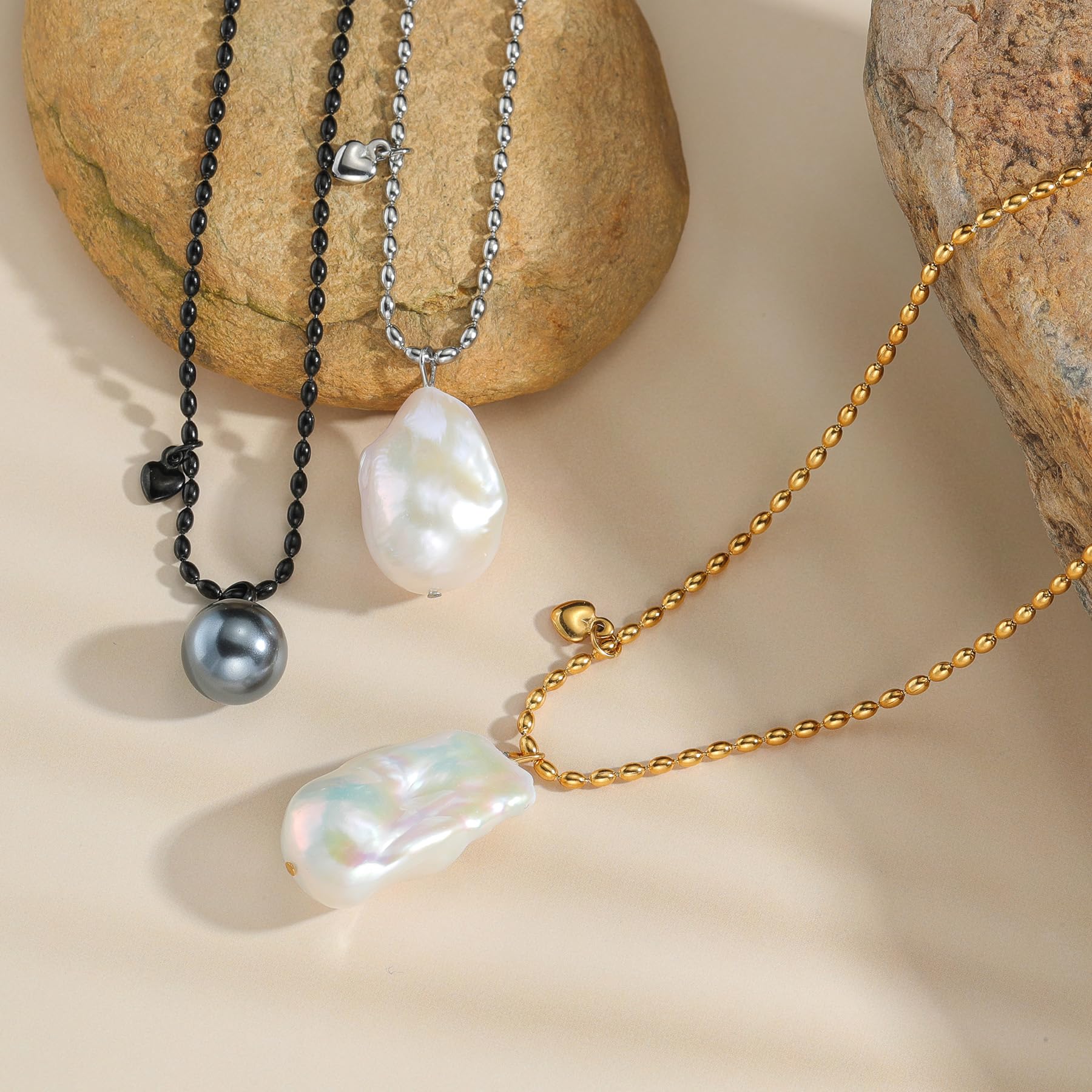 Collares de Acero Inoxidable con Perlas de Agua Dulce, 3 Colores, Longitud 50+5 cm, Ajustables