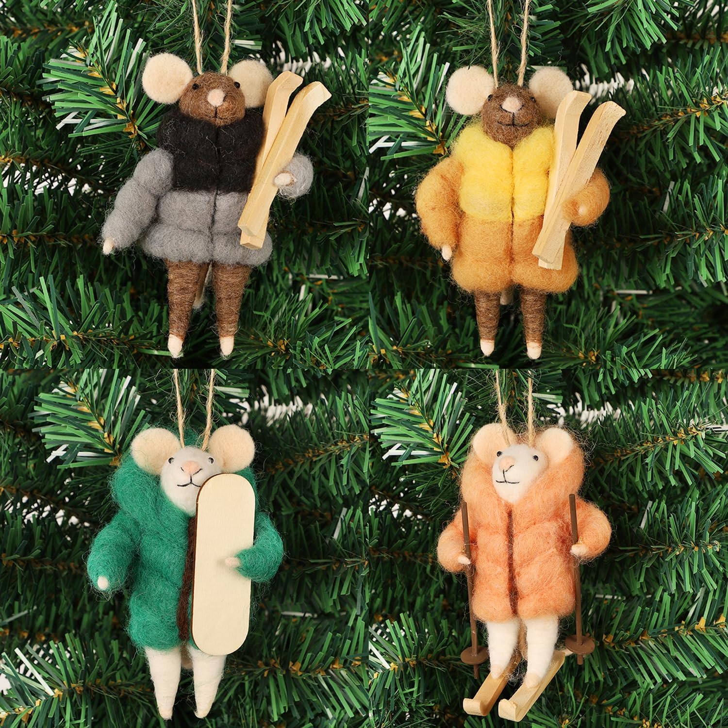 Set of 4 Christmas Felt Skiing Mice Ornaments, 4.7" Mini