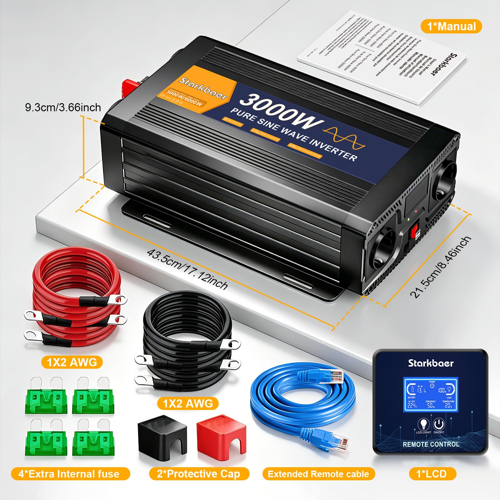 3000W 6000W czysty falownik sinusoidalny Przetwornica napięcia 12V do 230V konwerter samochodowy falownik z wyświetlaczem LCD zdalnego sterowania 2 gniazdami AC-pilot i 1×USB5V2.4A,1×Type-C