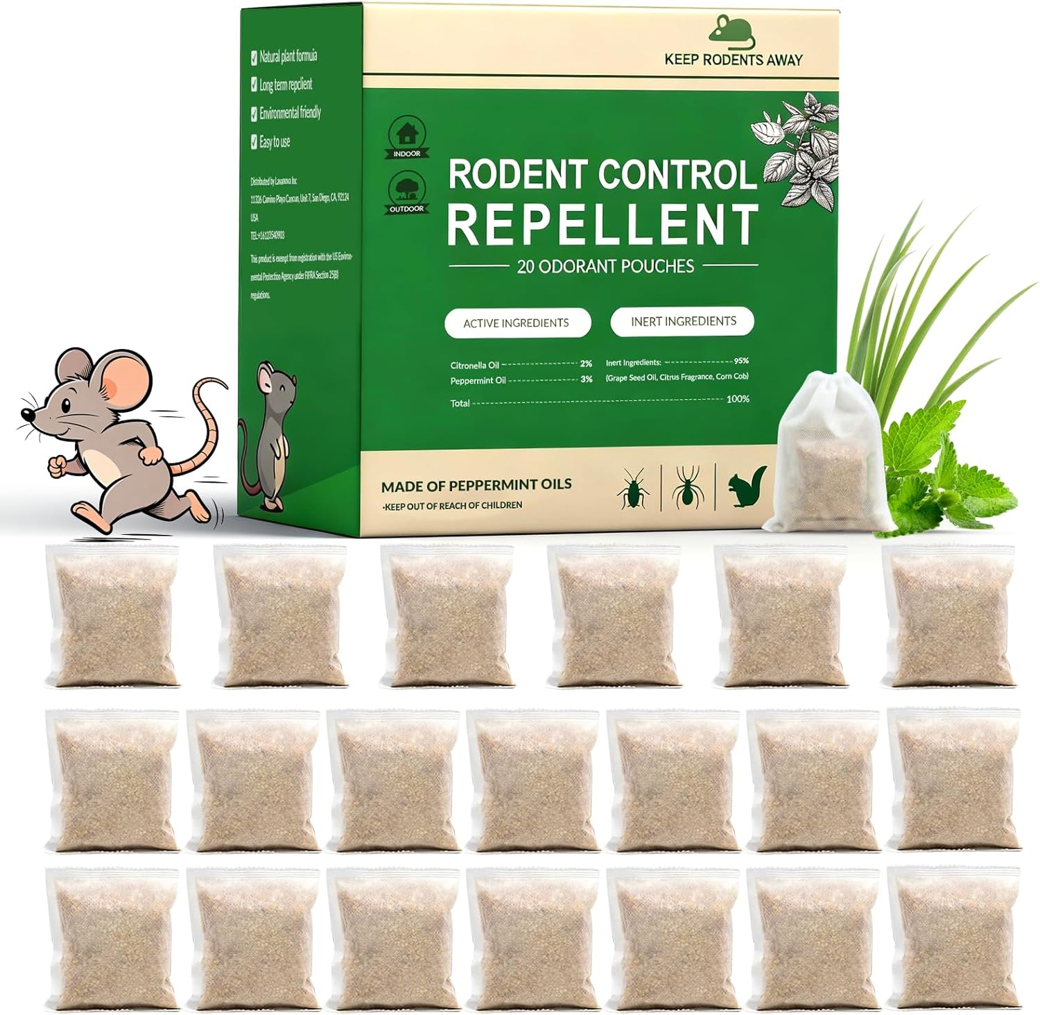 Mouse Repellent Pouches, Mice Repellent Indoor, Rat Repellent for House, Extra-Strength Peppermint to Repel Mice Squirrel and Rats, Mouse Deterrent Outdoor, Keep Mice Out of Camper-20P
