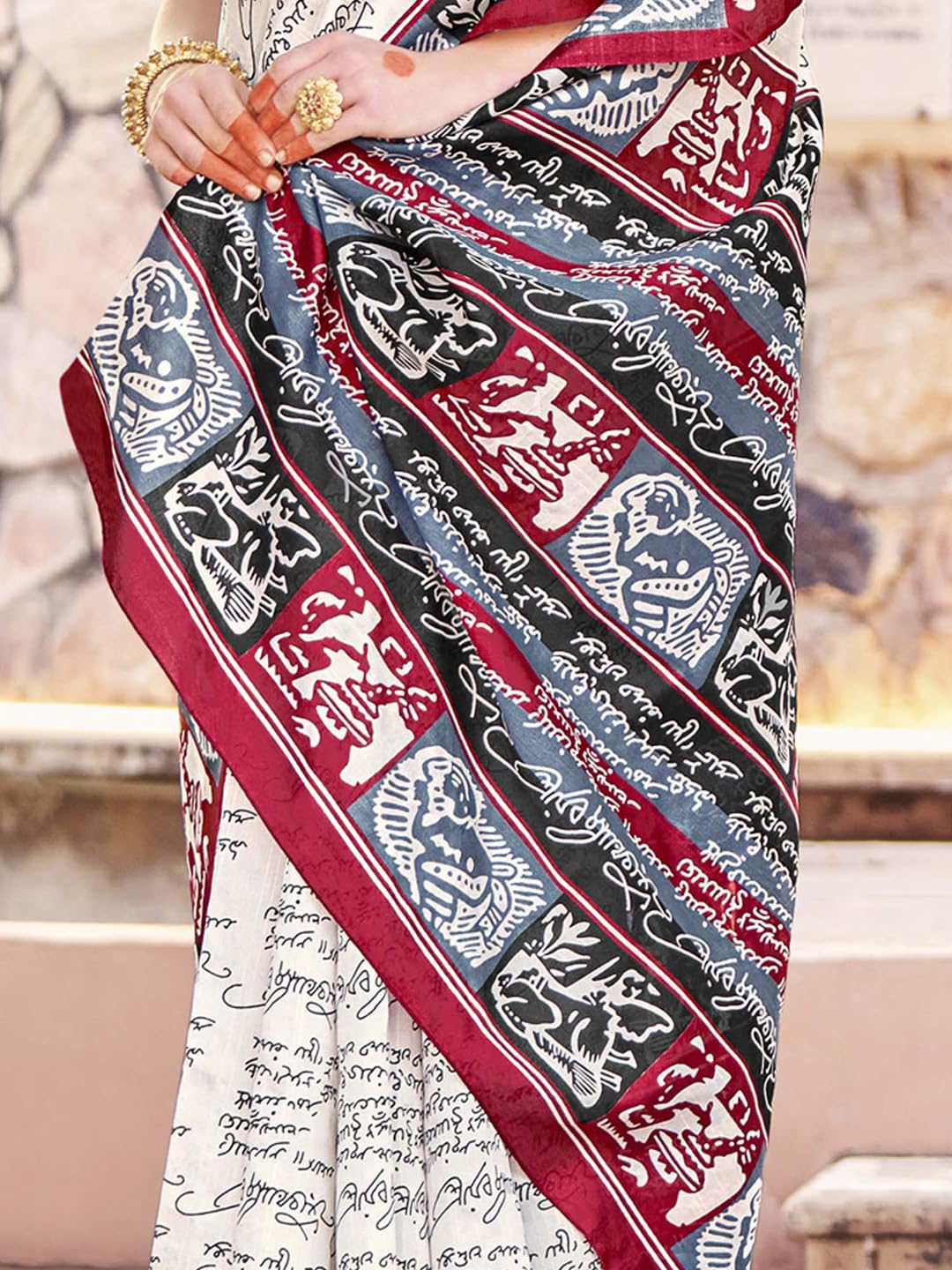 SAREE MALL Women's Bhagalpuri Silk Ethnic Motif Printed Saree With Unstitched Blouse Piece(Off White_30WOM30905_HS) 4