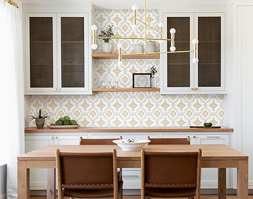 Miniatura 4 de Guvana Papel tapiz verde para despegar y pegar, diseño especial de rayas bohemias, papel adhesivo extraíble para baño y gabinetes, 15.55 x 78.7