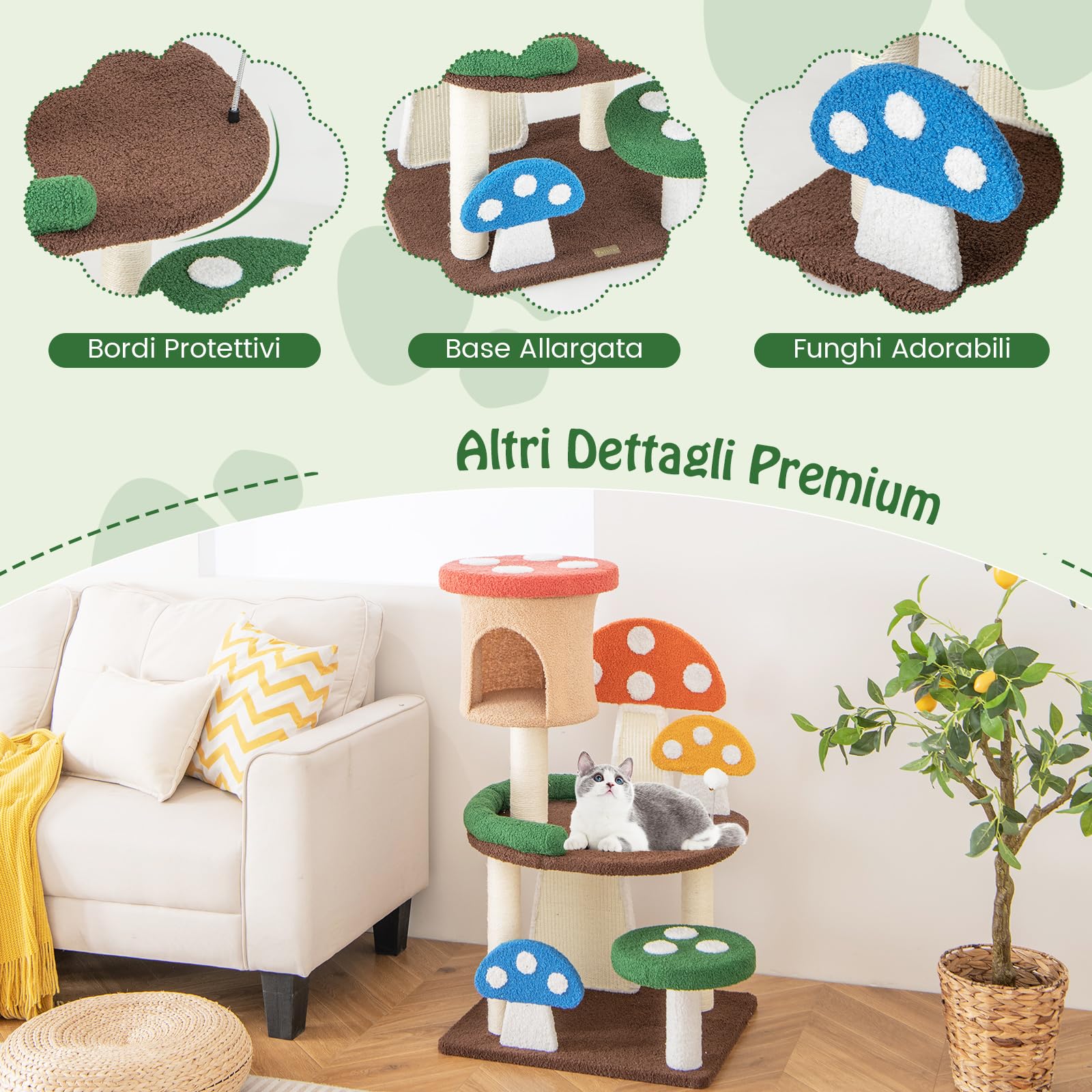 COSTWAY Albero per Gatti a Fungo 4-in-1, Torre Multi-Livello per Gatti con Condo, Piattaforma e Palla a Molla, Centro Attività per Gattini con Pali in Sisal e Tiragraffi