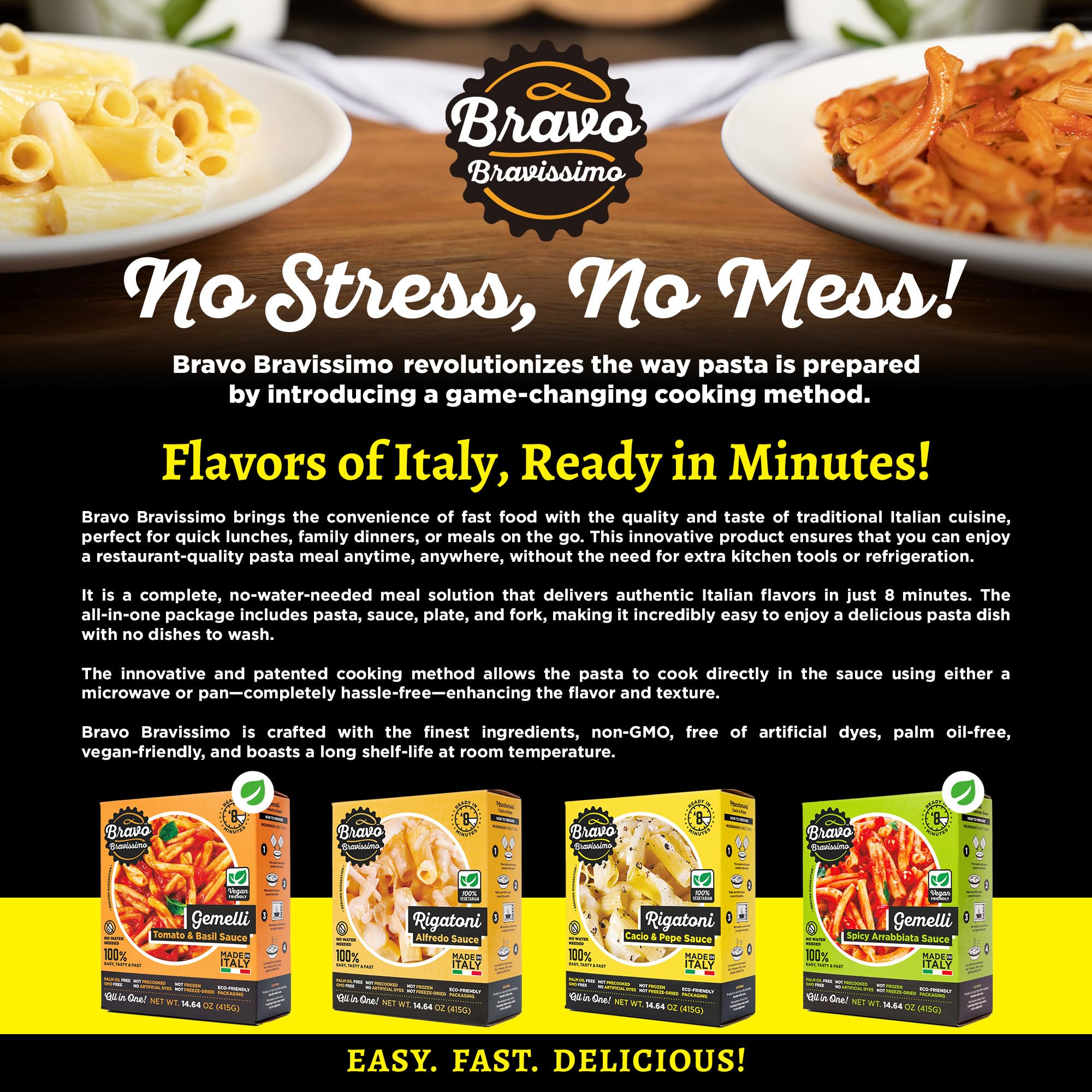 Bravo Bravissimo Rigatoni Italian Pasta Meal - Gourmet, 100% Vegetarian, Cacio & Pepe Sauce Flavor, Microwaveable, Ready in Minutes, No Refrigeration, Perfect for Quick Meals - 14.64 oz, 6 Pack