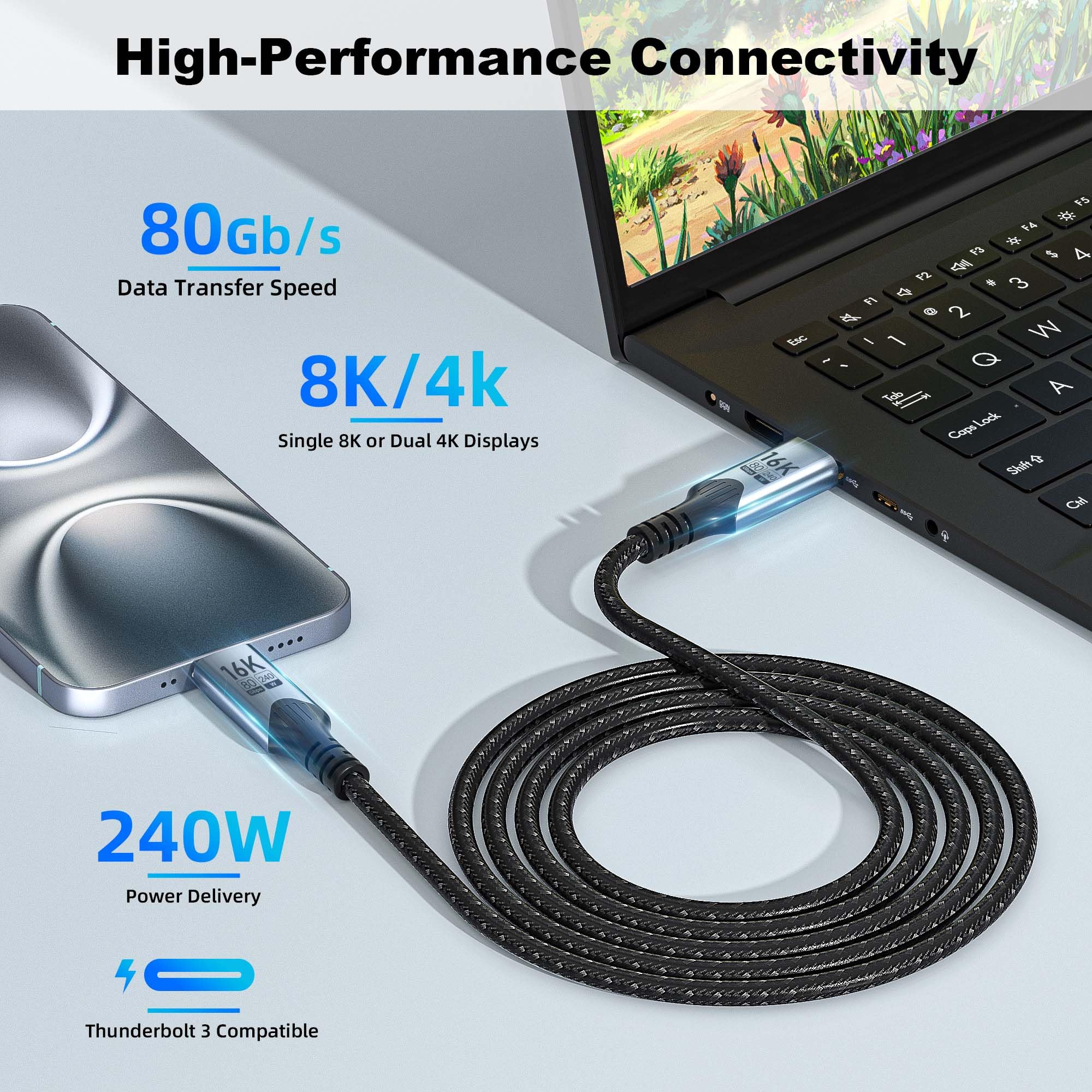 80Gbps cable usb c carga rapida Compatible Thunderbolt 5, Cable de Datos USB 5, 16K/8K/4K video,240 W cable usb tipo c Compatible Thunderbolt 4/3, cable usb-c 2 M