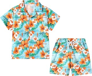 Boys Hawaiian Outfit 2Pcs Set Summer Beach Button-Down Shirt Top + Shorts for Kids 2-10 Years