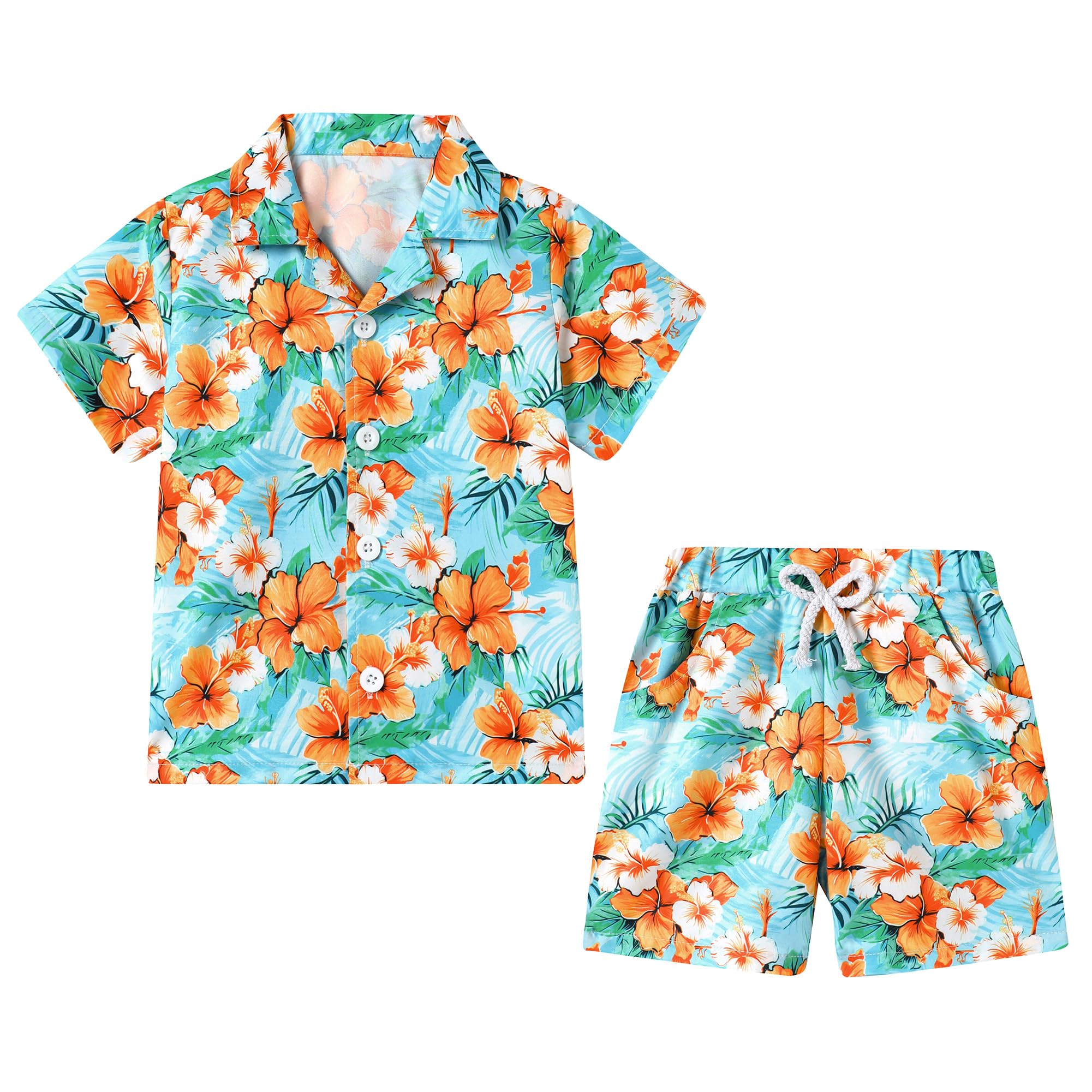 YUEMIONBoys Hawaiian Outfit 2Pcs Set Summer Beach Button-Down Shirt Top + Shorts for Kids 2-10 Years