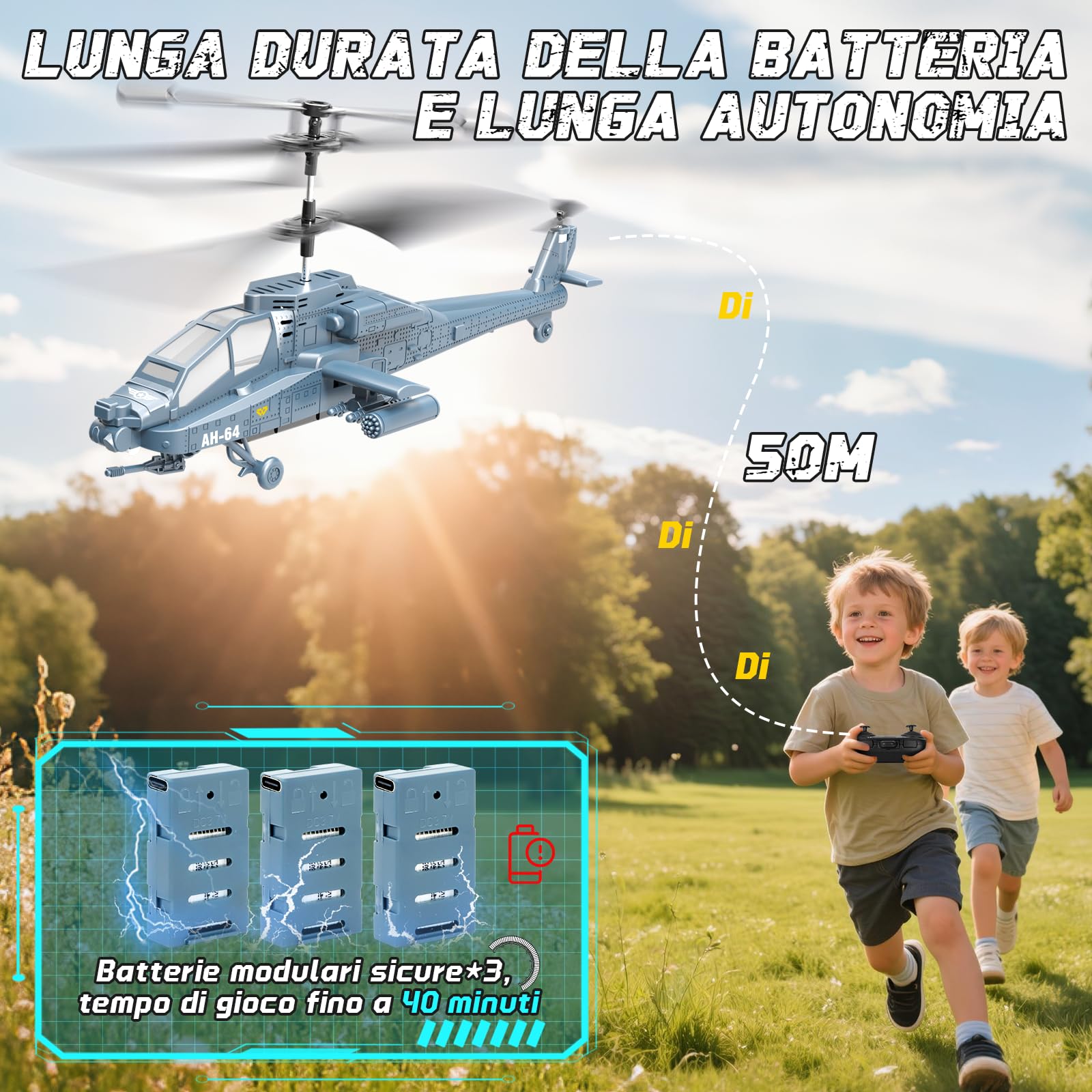 Charmofun Elicottero Telecomandato, 2.4Ghz Elicottero Radiocomandato con Luce e 3 batterie, 40 Minuti di Volo, 3.5 Canali Elicotteri RC, Aereo Telecomandato Regalo per Bambini da 8+ Anni (Blu)