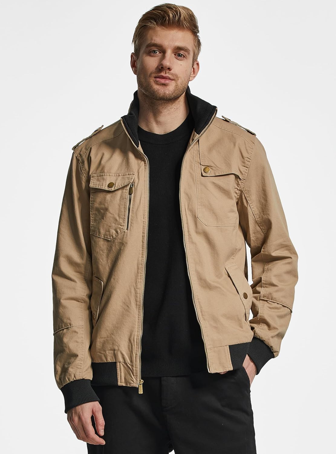 Wantdo Men's Military Jacket Casual Bomber Jacket Stand Collar Canvas Jacket Windbreaker - Image 3