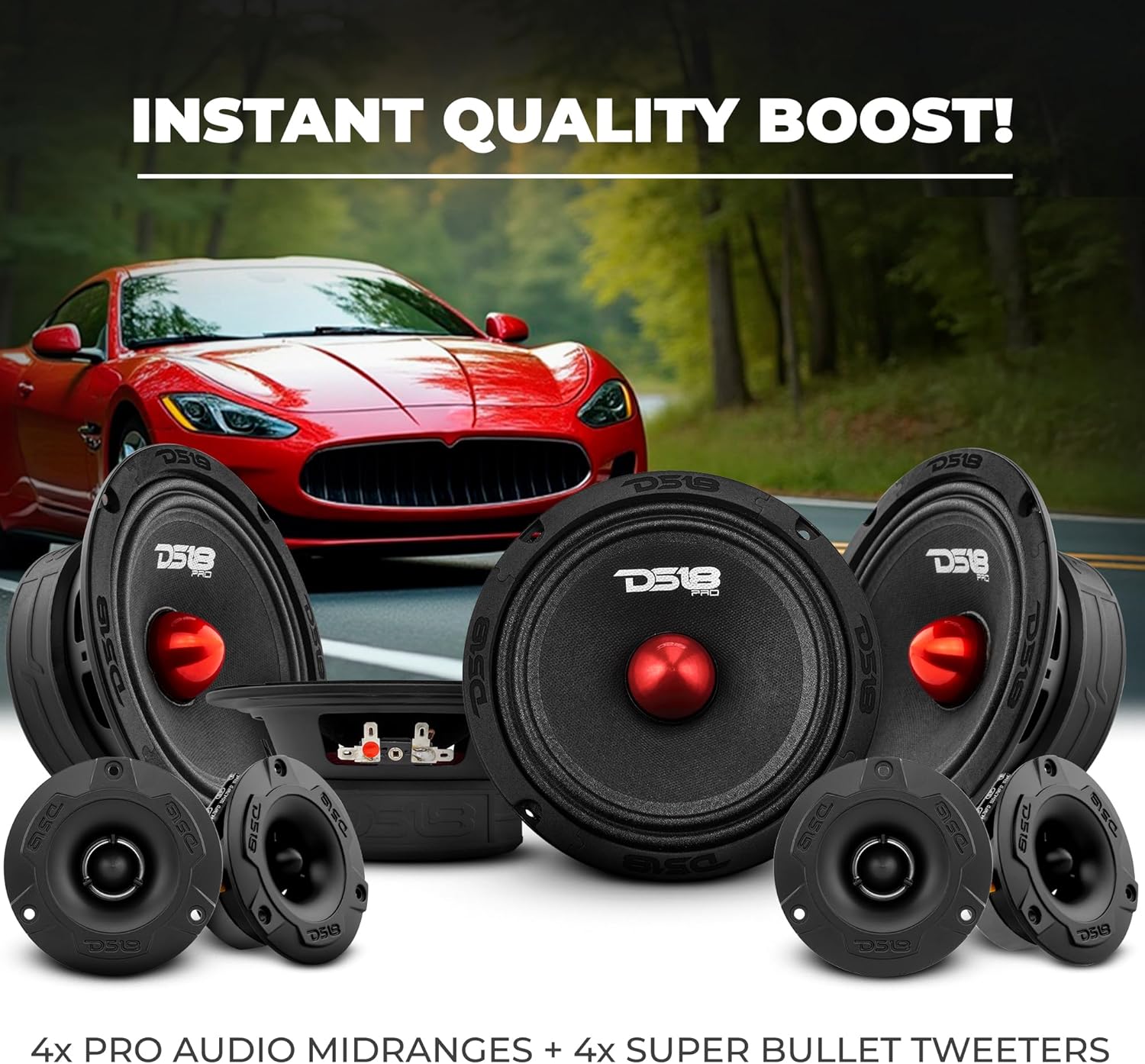 DS18 Bundle Car Speakers 4X PRO-GM6B 6.5" Midrange Speakers and 4X PRO-TWX1/BK Aluminum Super Tweeters - PRO Car Audio Component Package