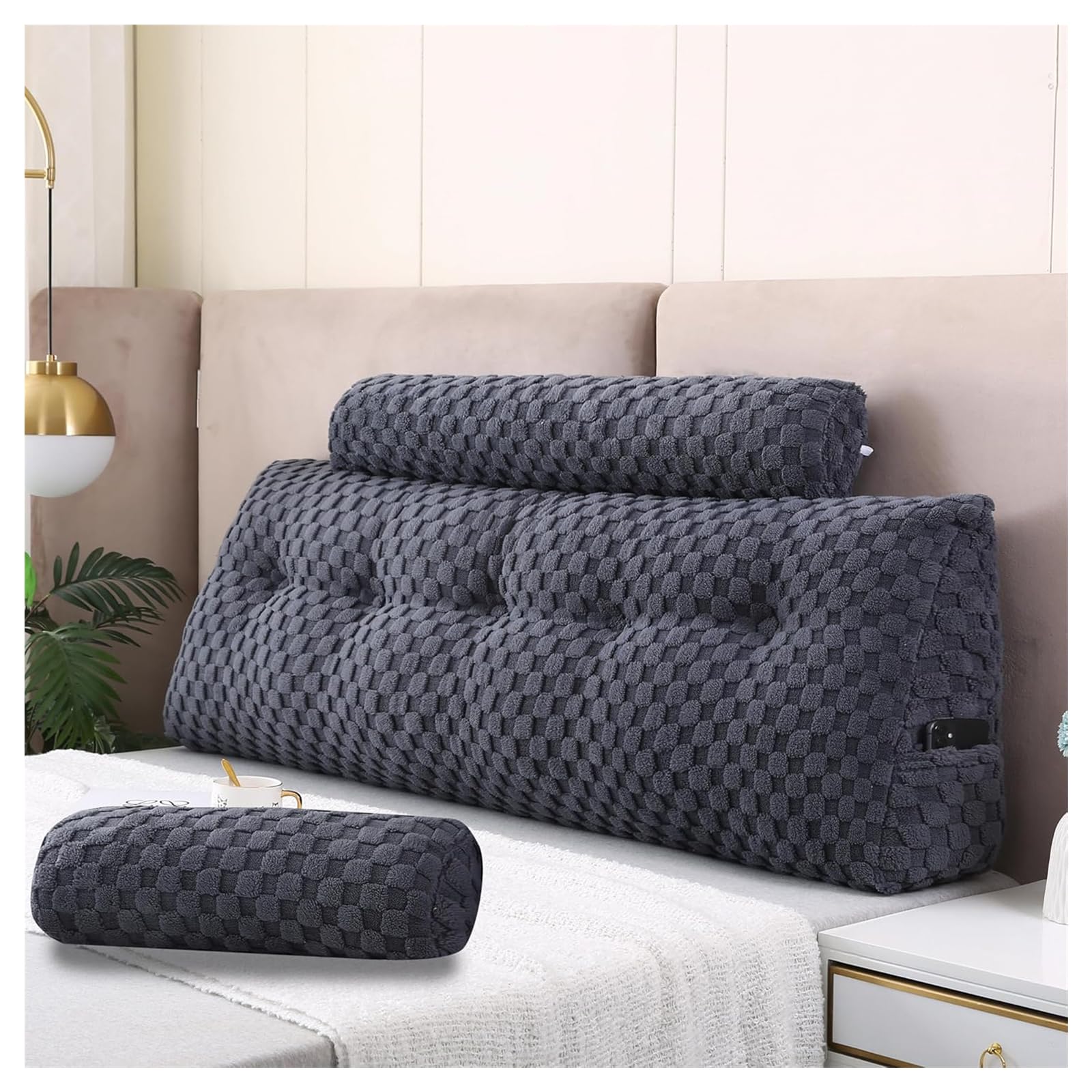 Genérico Respaldo Cama Cojines, Cojín en Cuña con Cojín Cervical Extraíble, Cojín de Lectura, Almohada Triangular para Lectura y Descanso en Cama,A-85x20x50cm