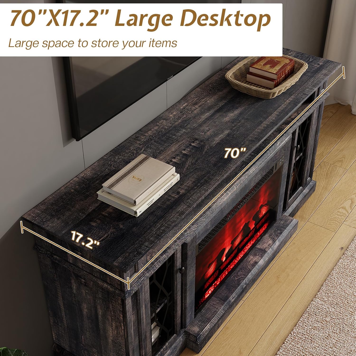 YUMPIE 70" Farmhouse Fireplace TV Stand for TVs Up to 80", TV Console with 33" Electric Fireplace, Media Entertainment Center with Glass Door Cabinets & Adjustable Shelves, Brown
