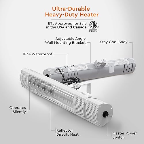 Miniatura 3 de Comfort Zone Calentador eléctrico para interiores y exteriores, control remoto, clasificación impermeable IP65, montaje en pared, protección contra