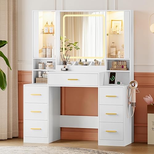 Escritorio de tocador de maquillaje con espejo y luces, espejo de tocador blanco con luces escritorio y 7 cajones y armario de cristal LED, juego de