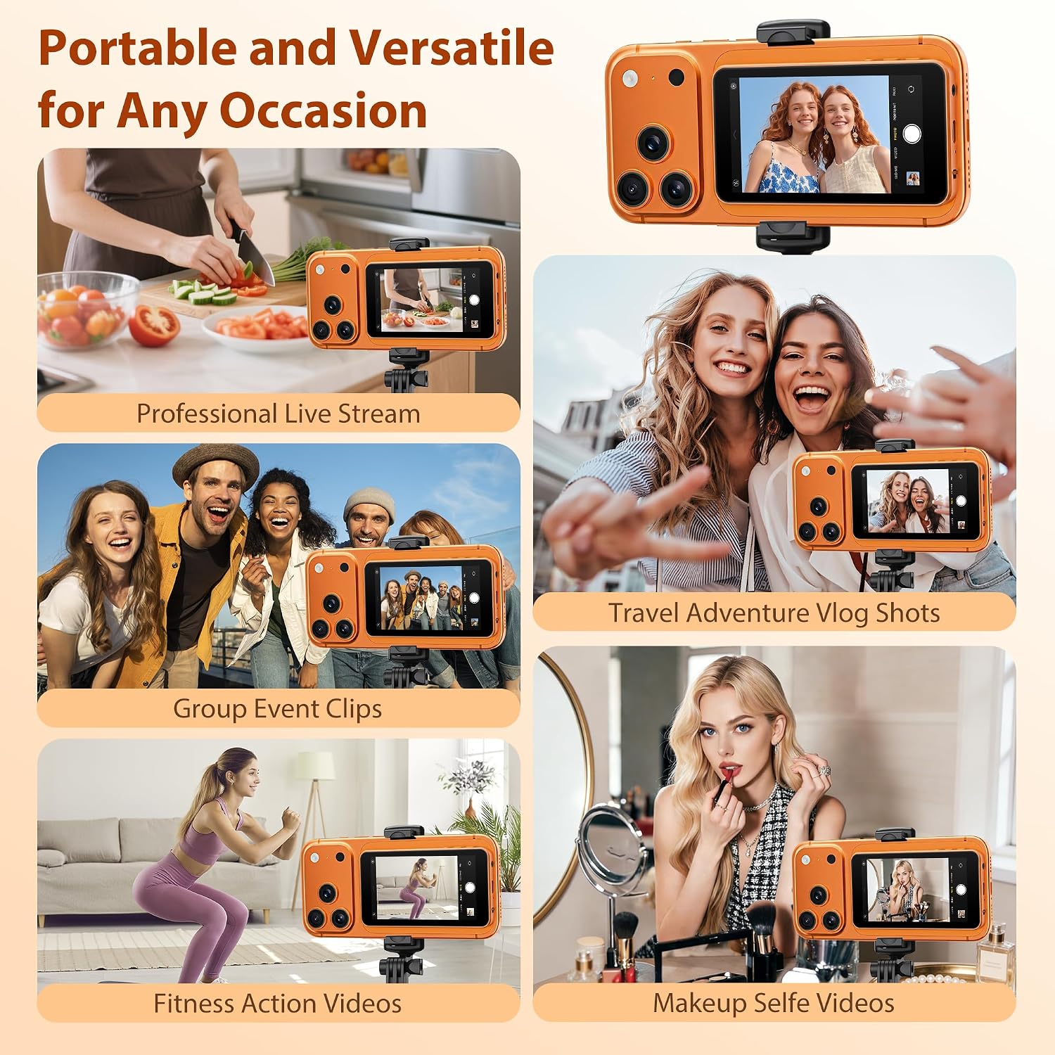 2026 Patented 4K@60FPS Selfie Monitor Screen for iPhone & Android | Orange; Wired & wireless mode; Lag-free framing feedback with cable; Zero-latency audio sync; Not for Google Pixel