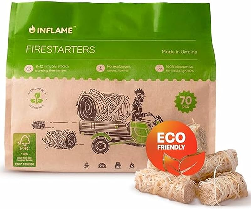 Inflame Fire Starters 70 piezas - Encendedores para fogatas, carbón, barbacoa | Parrilla, Chimenea, Chimenea, Estufa de Leña - Impermeable, Resistente a la Intemperie - Iniciadores de Madera Natural