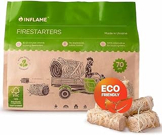 Inflame Fire Starters 70 pcs - Fire Starters for Campfires, Charcoal, Grill, BBQ, Fireplace, Chimney, Woodstove - Waterproof, Weather-Resistant - Natural Wood Starters - Amazon product rated Grade A
