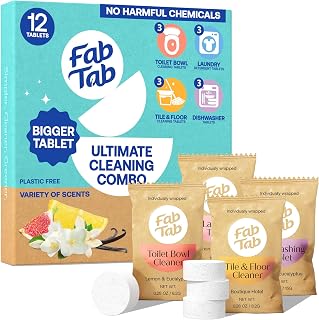 Fab Tab Cleaning Tablets Vacation and Travel Cleaning Kit - Plastic Free, Enzyme-Powered for Tough Stains, Low Carbon Footprint, No Harmful Chemicals, Individually Wrapped - 12 Tablets