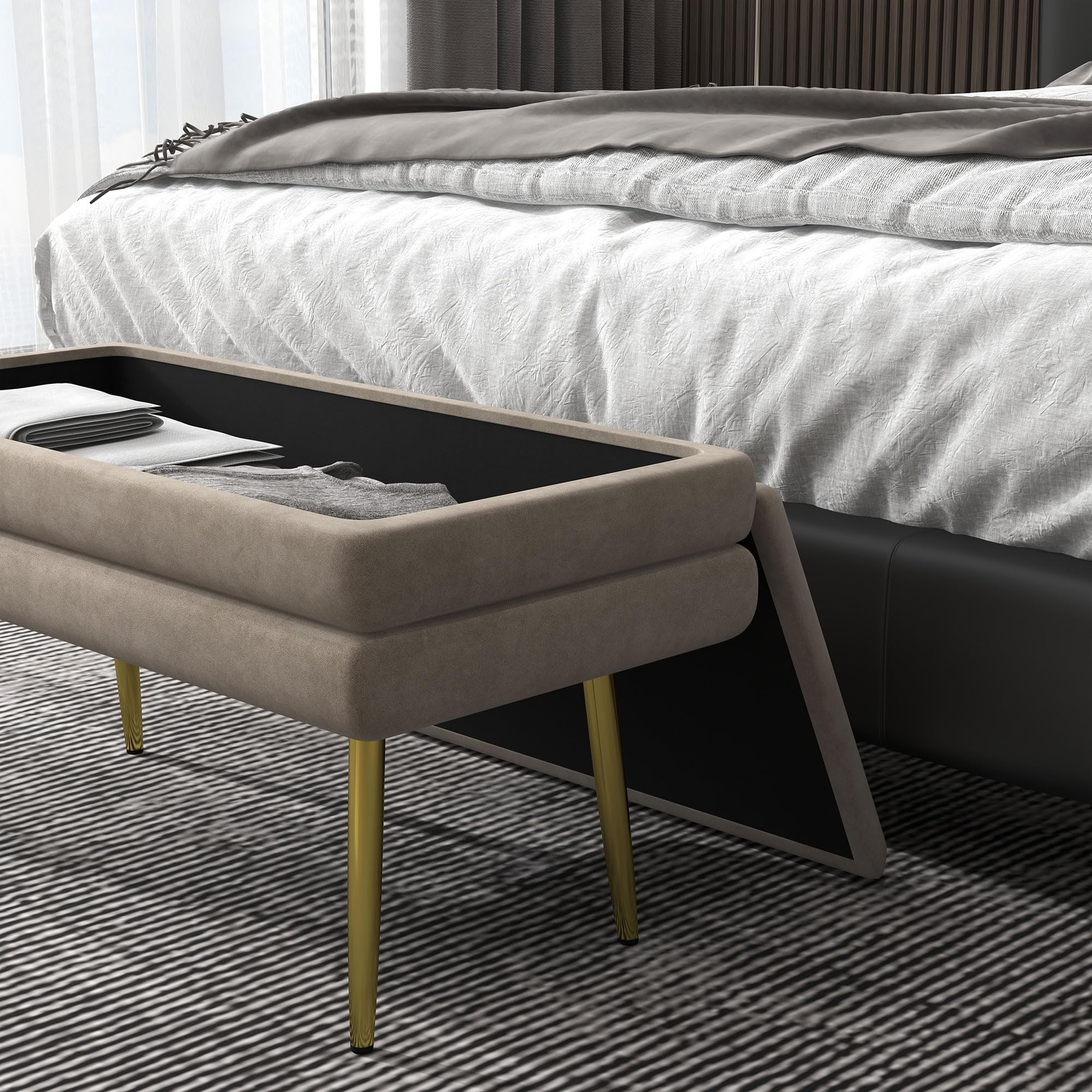 HOMCOM Puff Almacenaje 30L Banco Pie de Cama 79,5x37,5x43 cm Beige | Tapa Abatible, Patas de Acero, Tapizado en Terciopelo, Dormitorio, Salón, Entrada, Carga 120 kg