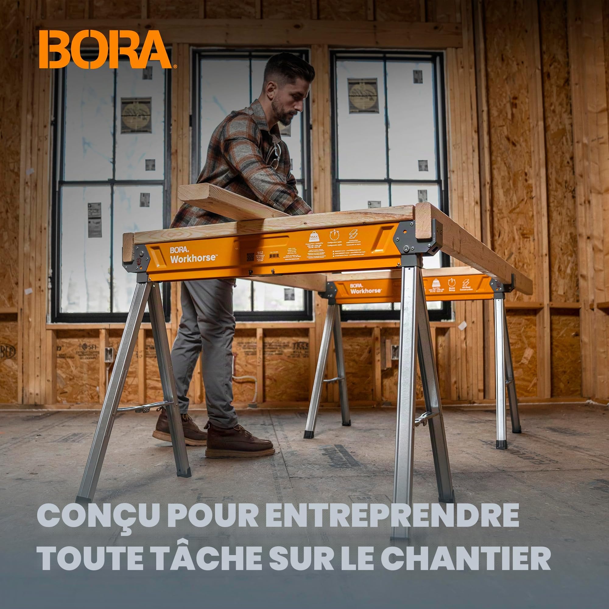 Bora Workhorse PM-3350 Chevalet de sciage avec pieds pliants, dessus en métal pour 2 x 4, chevalet de sciage professionnel robuste pour travail du bois, charpentiers, entrepreneurs