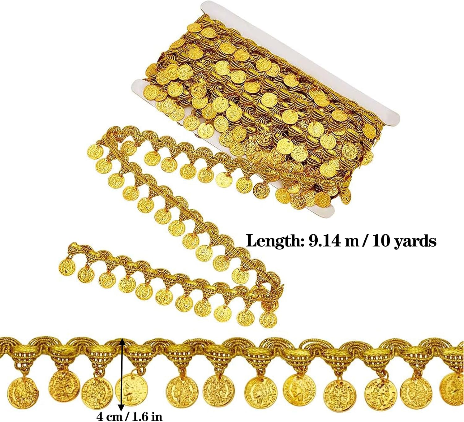 10 Yards Golden Coin Shape Sequin Tassel Trim Sequin Lace Tassel Fringe Trim 1.6 Inch Width Sequins Tassels Lace Ribbon Fringe Dance Dress Belt Chain for Clothes Decoration Party Accessories