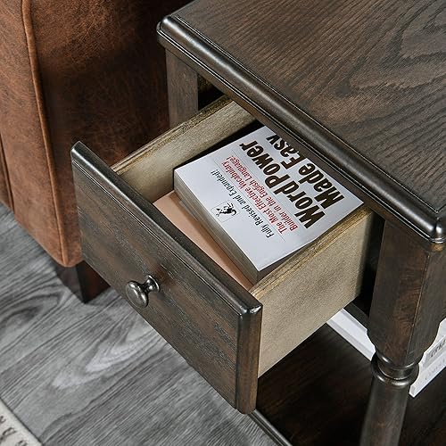 Miniatura 6 de MODERION Mesa auxiliar estrecha de madera maciza con cajón, estantes de almacenamiento laterales para sofá, mesita de noche delgada, teléfono para