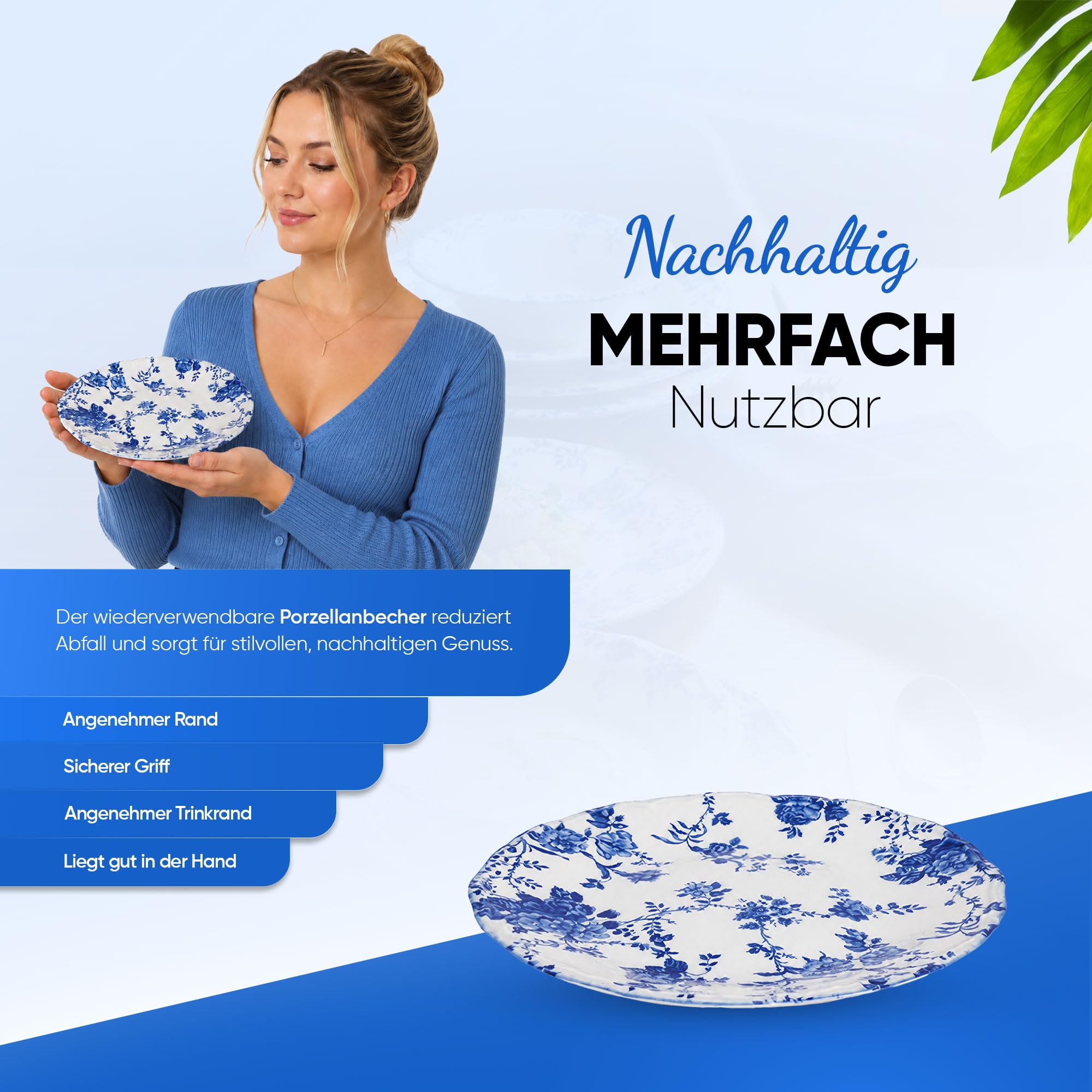 Nordic Schiller Tafelservice 24-teilig aus Porzellan für 6 Personen, Blau | 6 Speiseteller, 6 Suppenteller, 6 Dessertteller, 6 Kompottschalen, Modernes Geschirrset