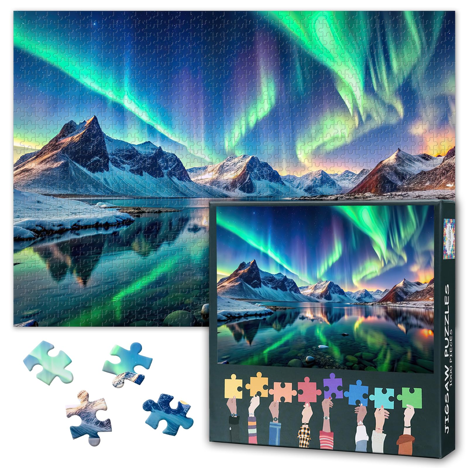 Magical Northern Lights Landscape 1000 Piece Polar Lights Jigsaw Puzzle for Adults Snow Covered Mountains in Winter with Aurora Sky Rompecabezas para