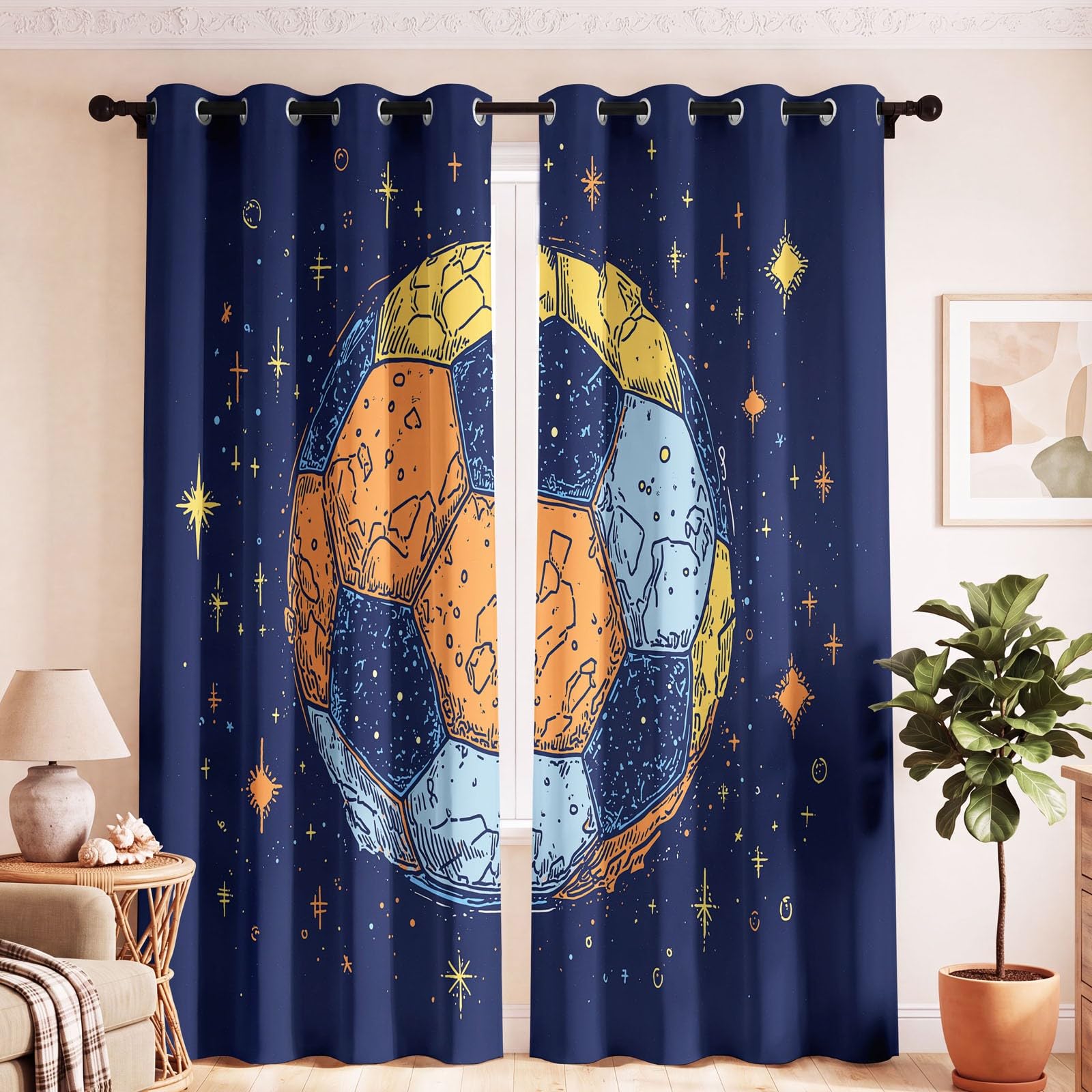 Verdunkelungsvorhang Sport Sternenhimmel Fussball Sternenlicht Spiel Geräuschreduzierung Blickdichte Vorhänge Mit Ösen - Ösenvorhang für Wohnzimmer Schlafzimmer Kinderzimmer Dekorieren, 117 x 137 cm