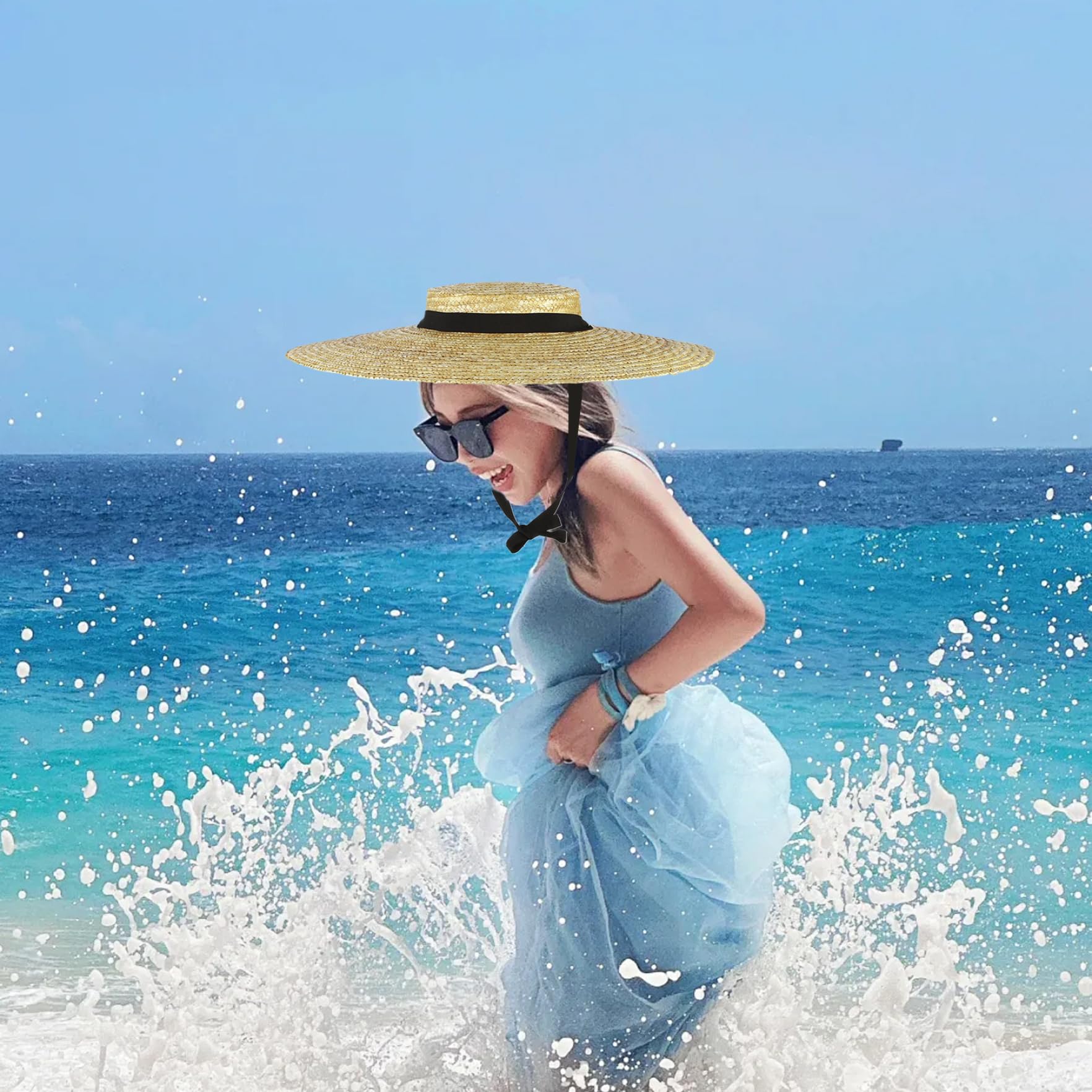 Chapeau de canotier en Paille pour Femme, Chapeau de Plage d'été en Paille tissée Respirante, Protection UV avec mentonnière et Doublure, Bord Large Souple Vintage, Sangle Noire