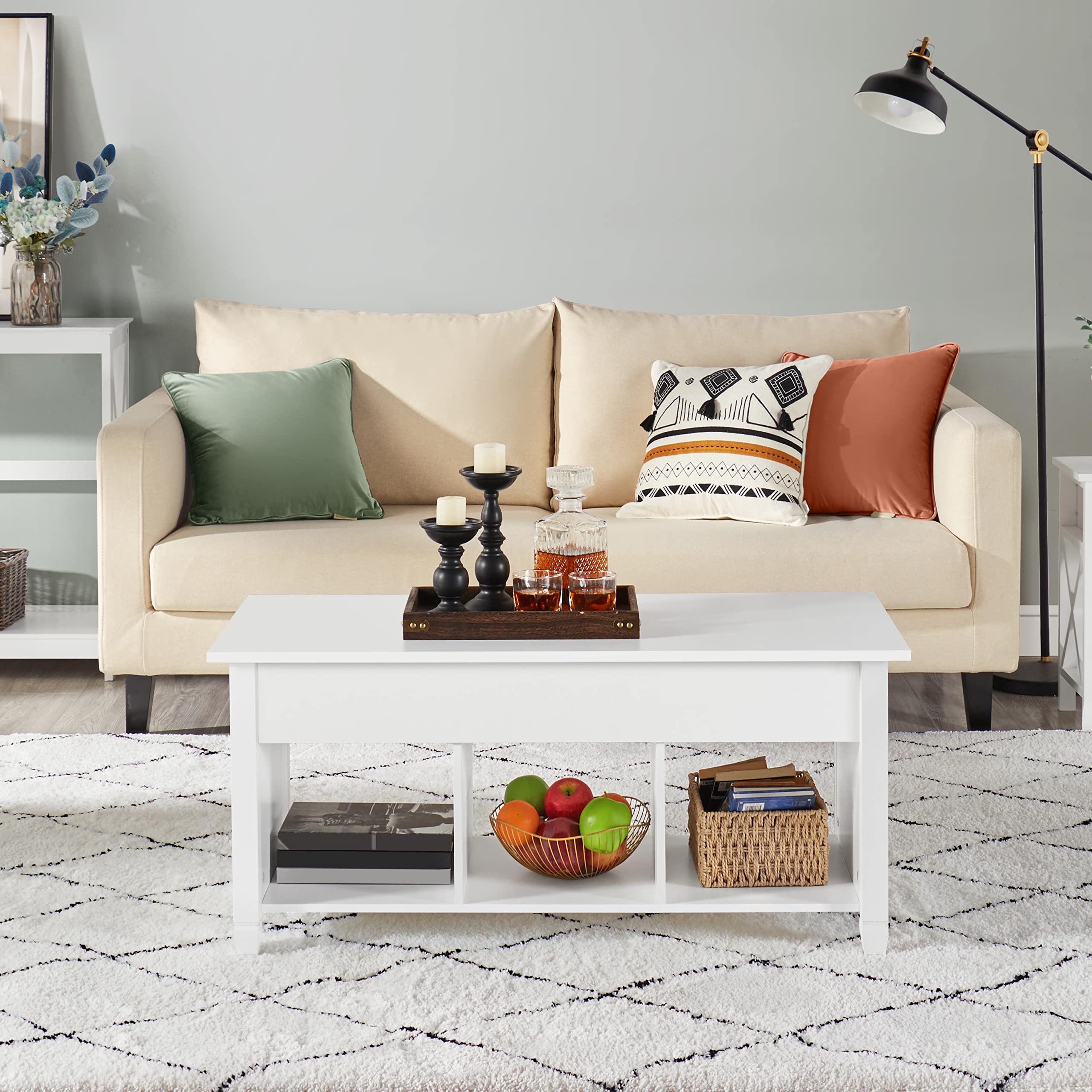 Yaheetech Mesa de Centro Elevable con Cajón 104,5 x 49,5 x (49-62) cm | Mesa de Café para Salón de Estilo Moderno con Patas de Madera Maciza Blanco