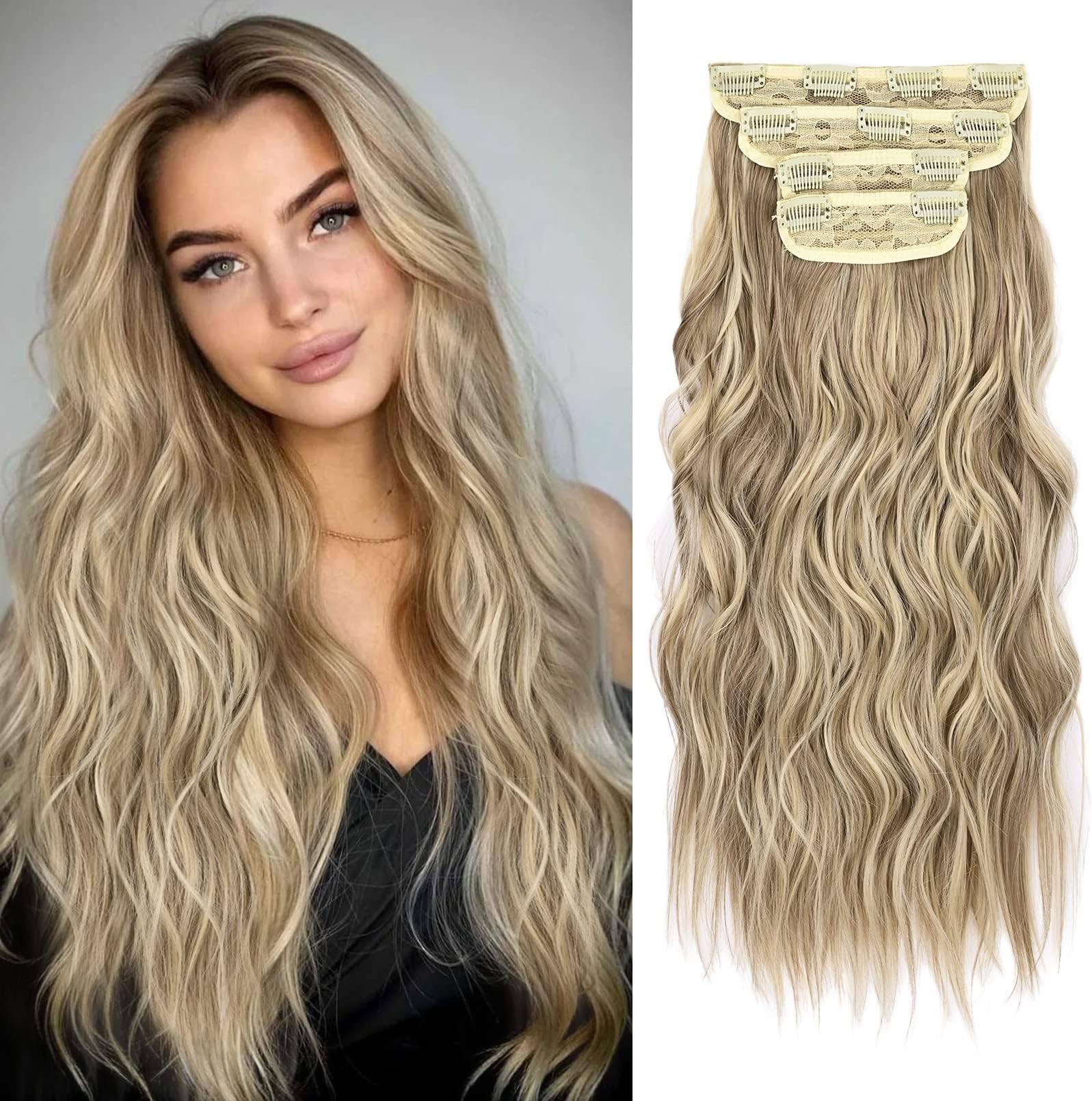 Brikabia Clip in Hair Extensions Long Wavy Synthetic Blonde Hair Extensions 20 Inch 4PCS Thick Hairpieces Fiber Double Weft Hair for Women（20 Inches,Dirty Blonde）