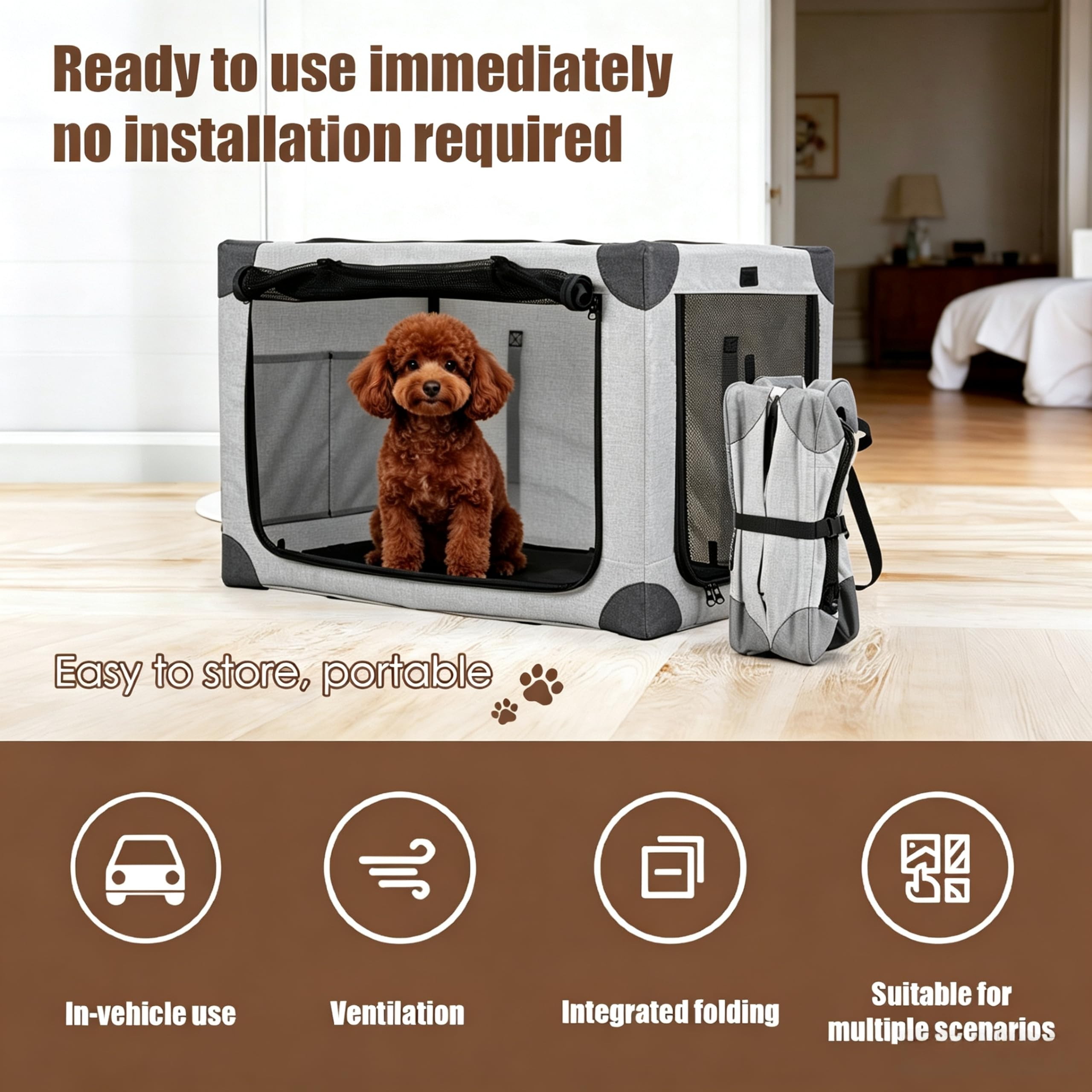 ALLUMK Transportín Plegable Ajustable para Perros medianos tamaño L – Caja para Mascotas con 3 Puertas de Malla Reforzada y Alfombra amortiguadora para el hogar y Viajes en Coche