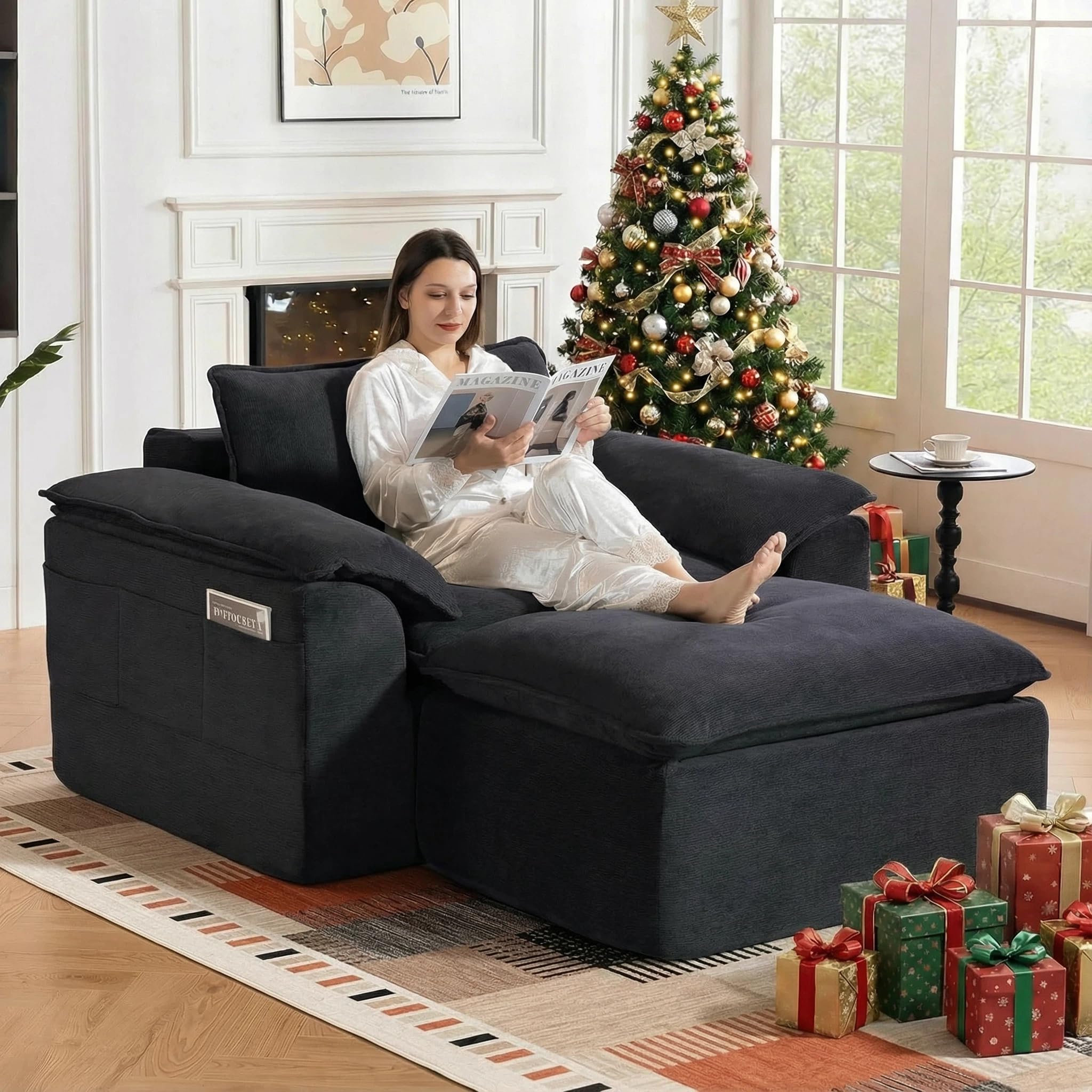 Chaise Lounge Chair Indoor, 56" Oversized Chenille Upholstered Boneless Sofa Bed, Deep Seat Sleeper Couch Reading Chairs, Cloud Sofas Couches for Living Room, No Assembly Required (Black)