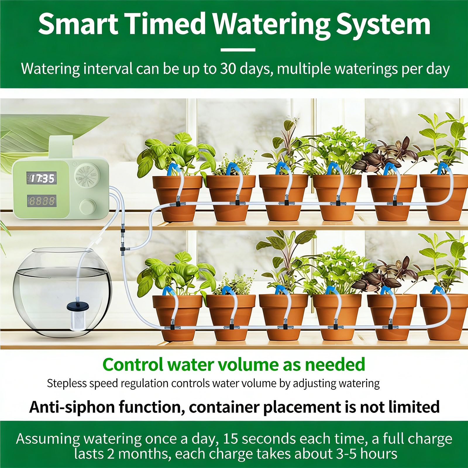 Soluzione di irrigazione automatica per fiori in vaso, 15 gocciolatori, durata regolabile fino a 300 secondi, schermo LCD, timer per piante
