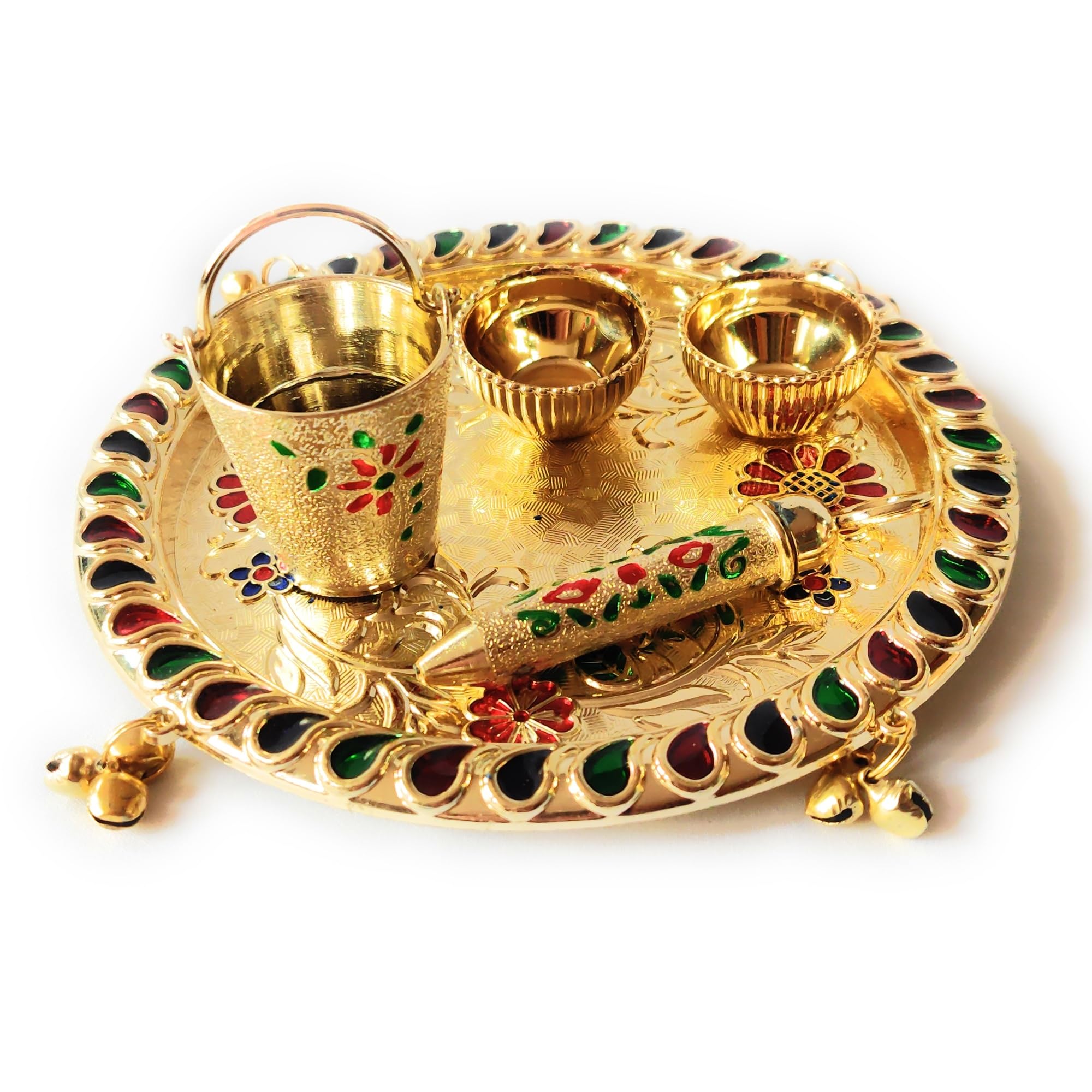 Sau Rang Laddu Gopal Meenakari Plate for Holi with Balti Pichkari (Symbolic Toy only) and 2 Empty Bowls. Material Plastic